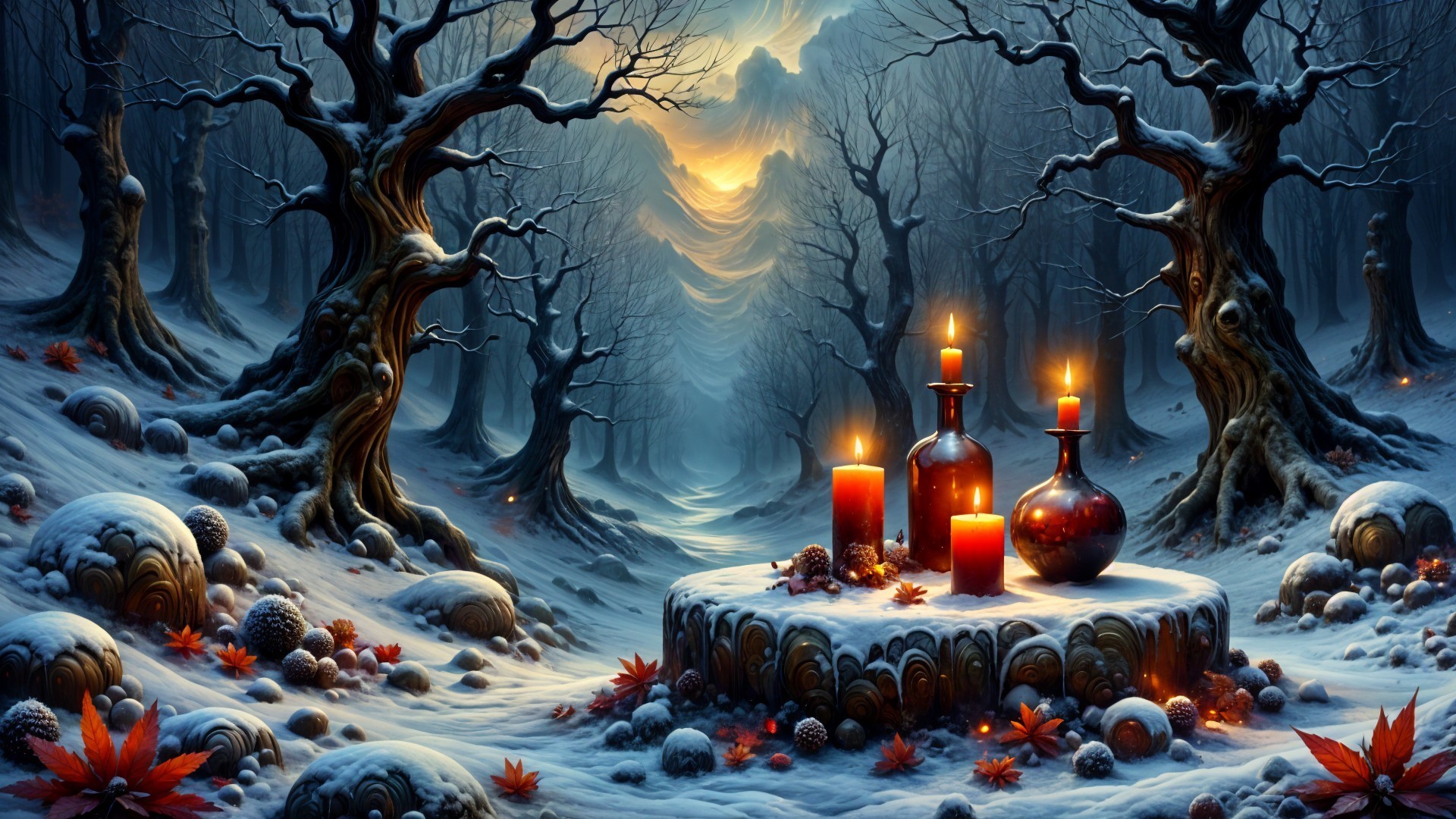Snowy Landscape with Candles and Fallen Leaves