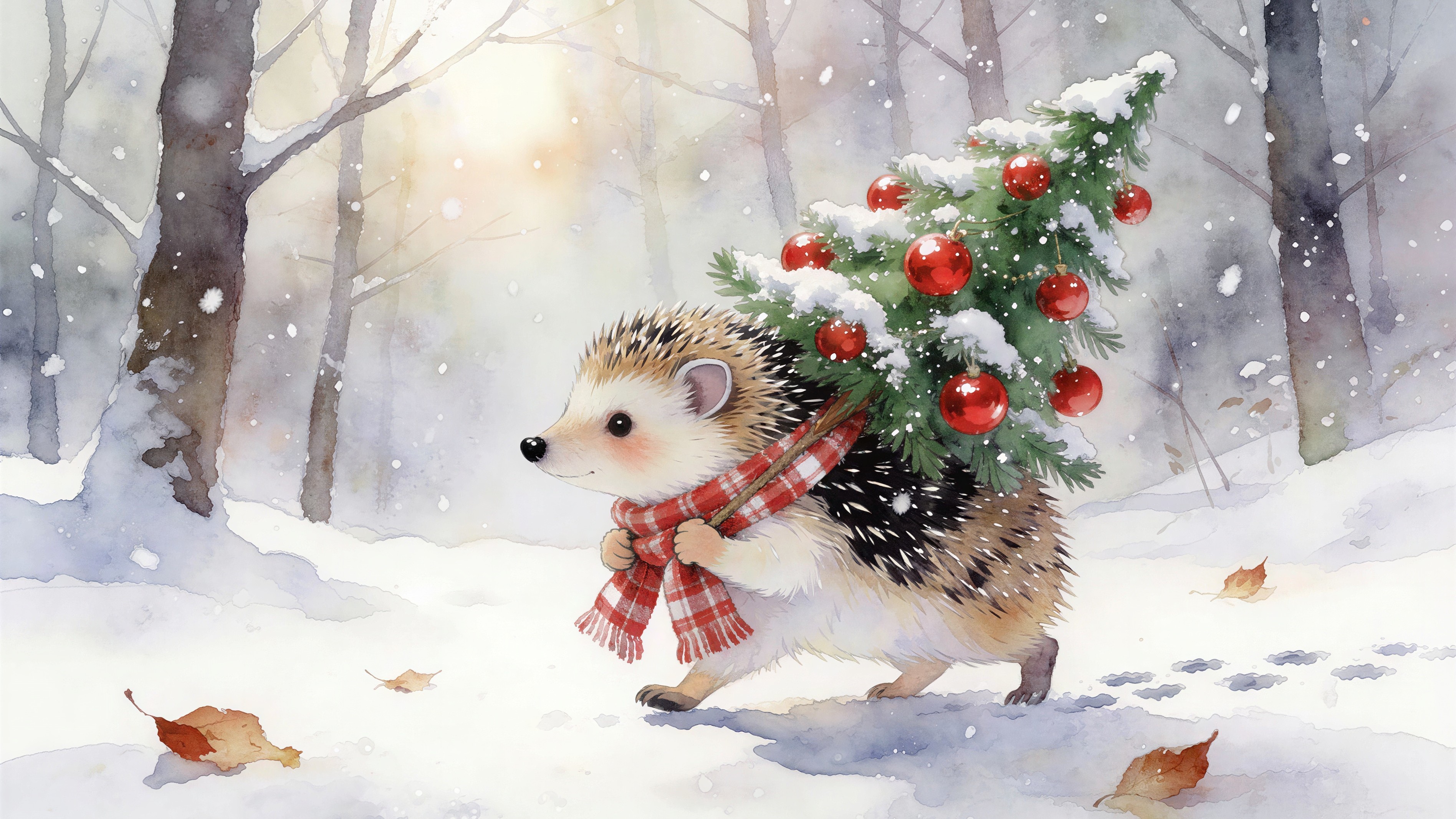 Baby Hedgehog with Christmas Tree in Snowy Forest