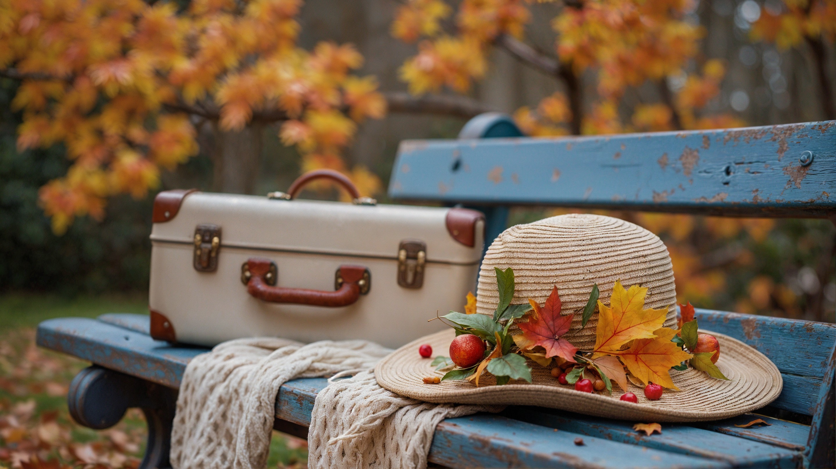Rustic Blue Bench with Autumn Decor and Vintage Suitcase