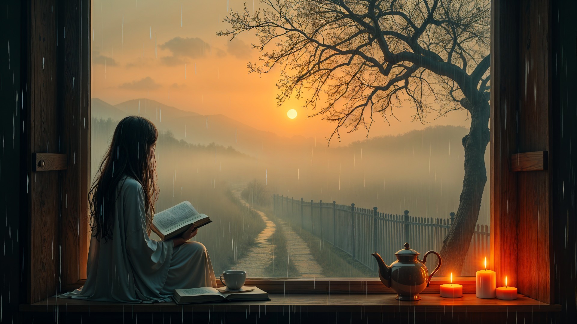 Young Woman Reading by Rain-Drenched Window Scene