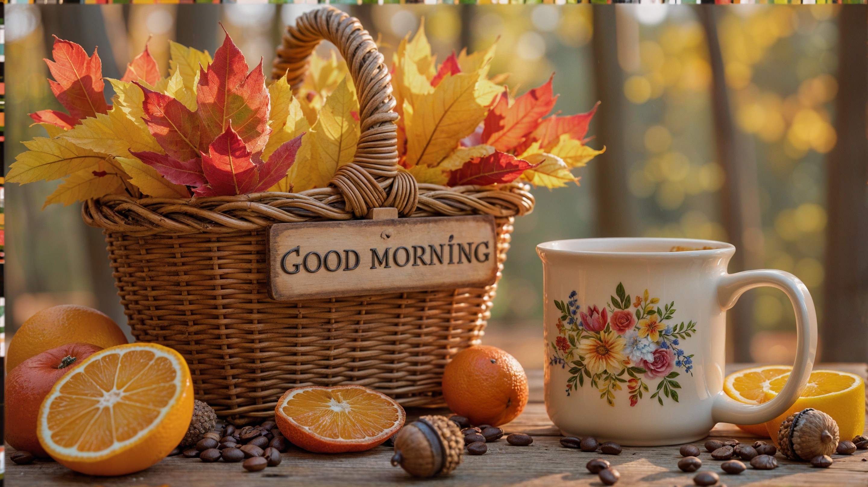Cozy Autumn Morning Scene with Wicker Basket and Coffee