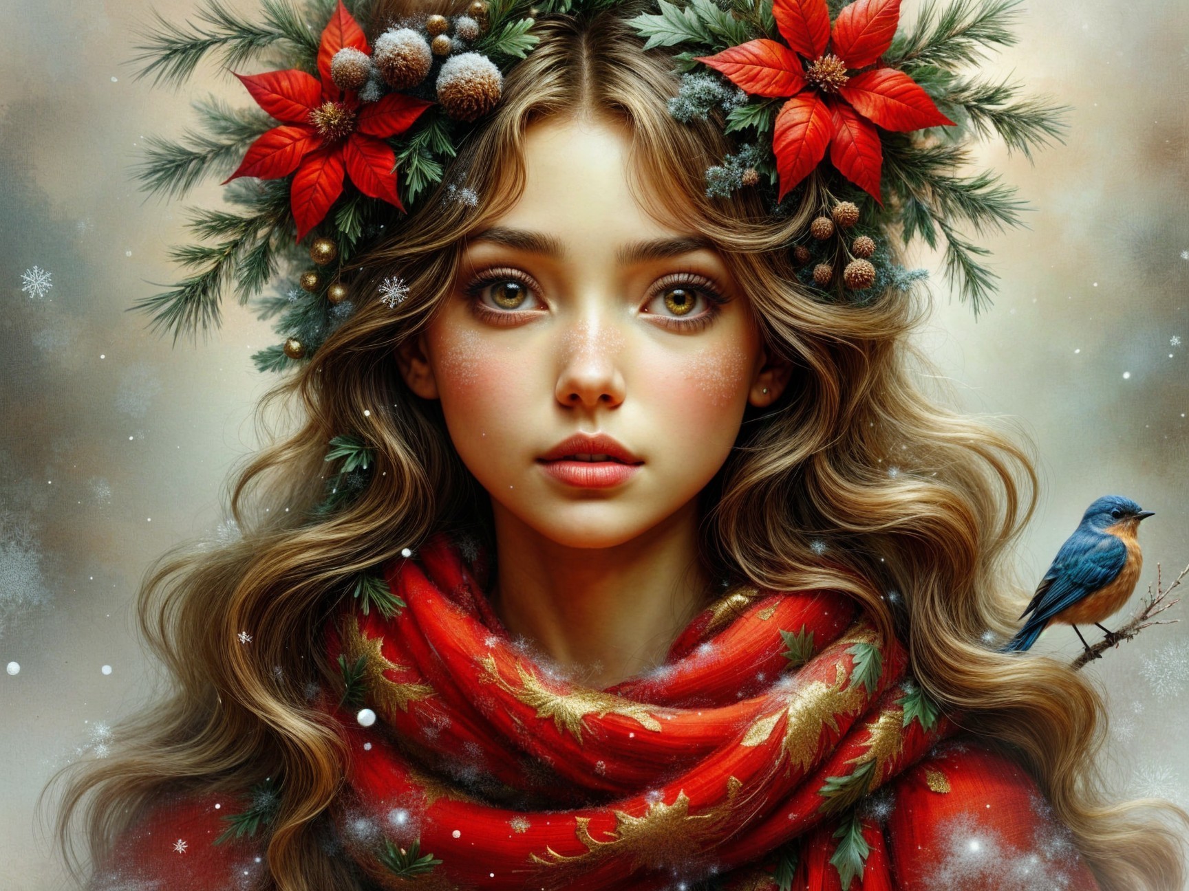 Young woman with poinsettia crown in snowy scene