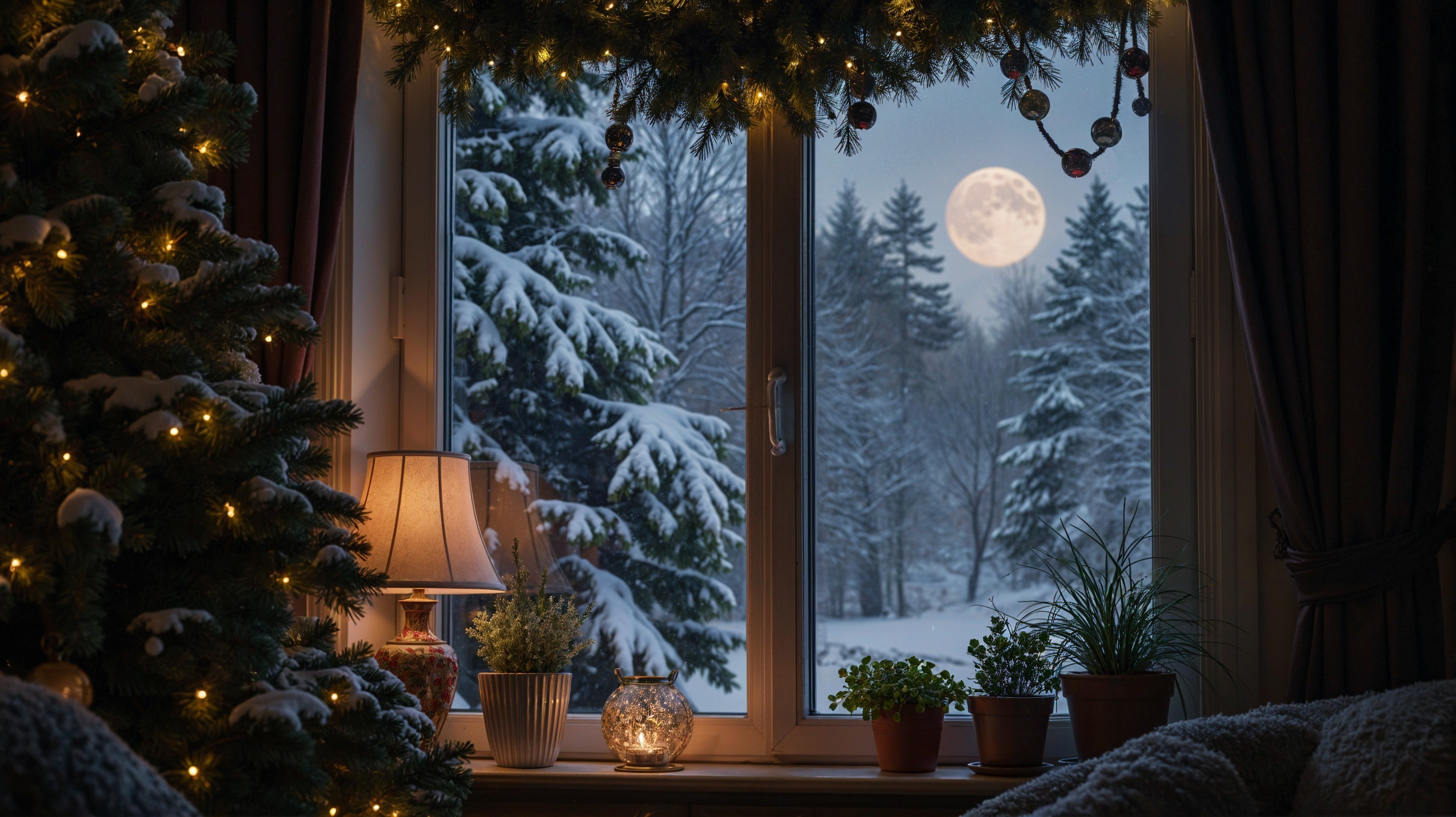 Cozy Winter Scene with Snowy Trees and Christmas Decor