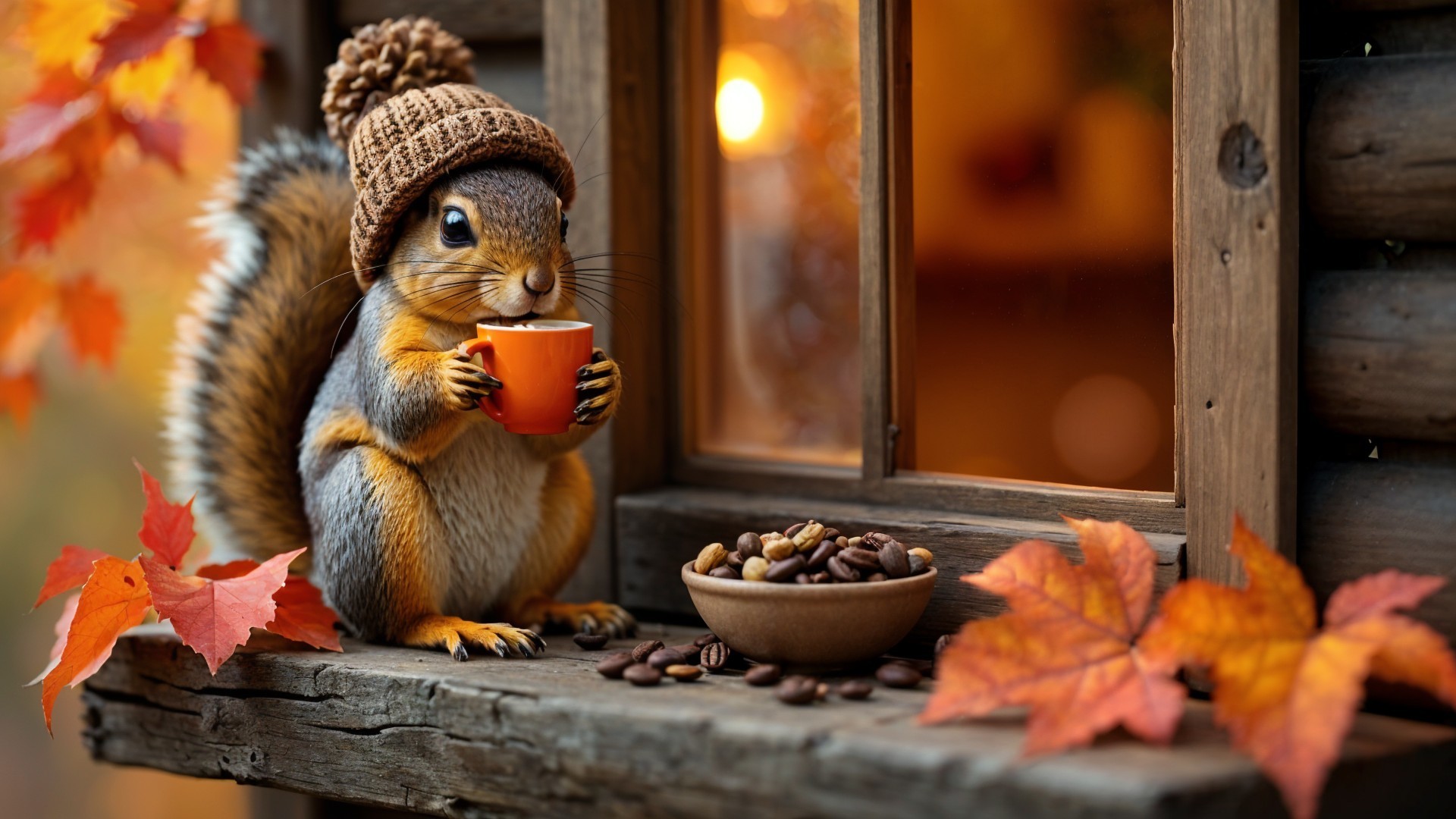 Squirrel in Knitted Hat by Window with Coffee Beans