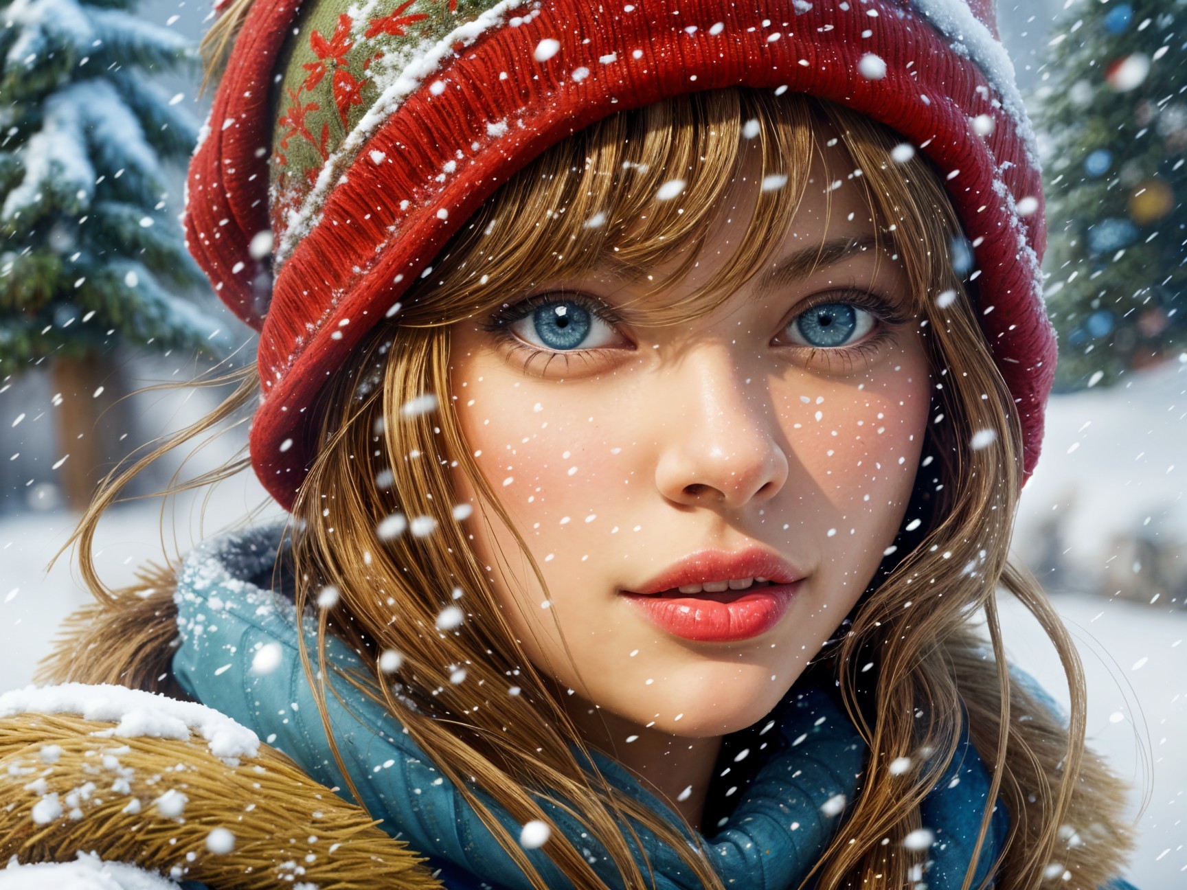 Young Woman in Festive Attire Amid Falling Snow