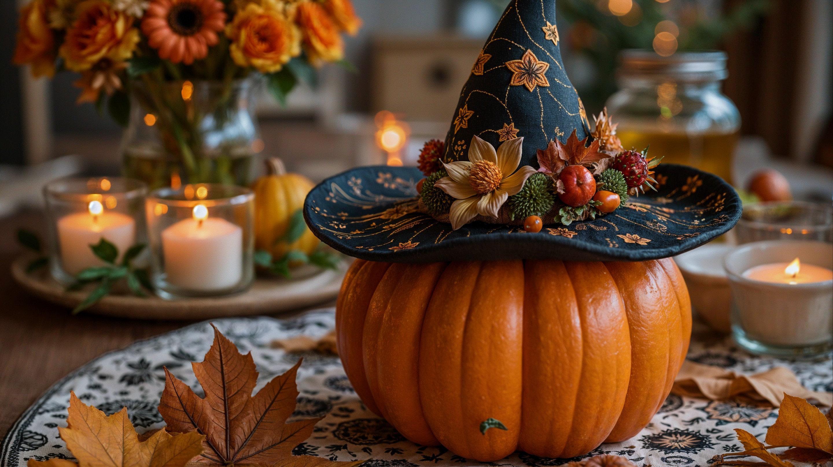 Decorative Pumpkin with Witch Hat and Autumn Decor