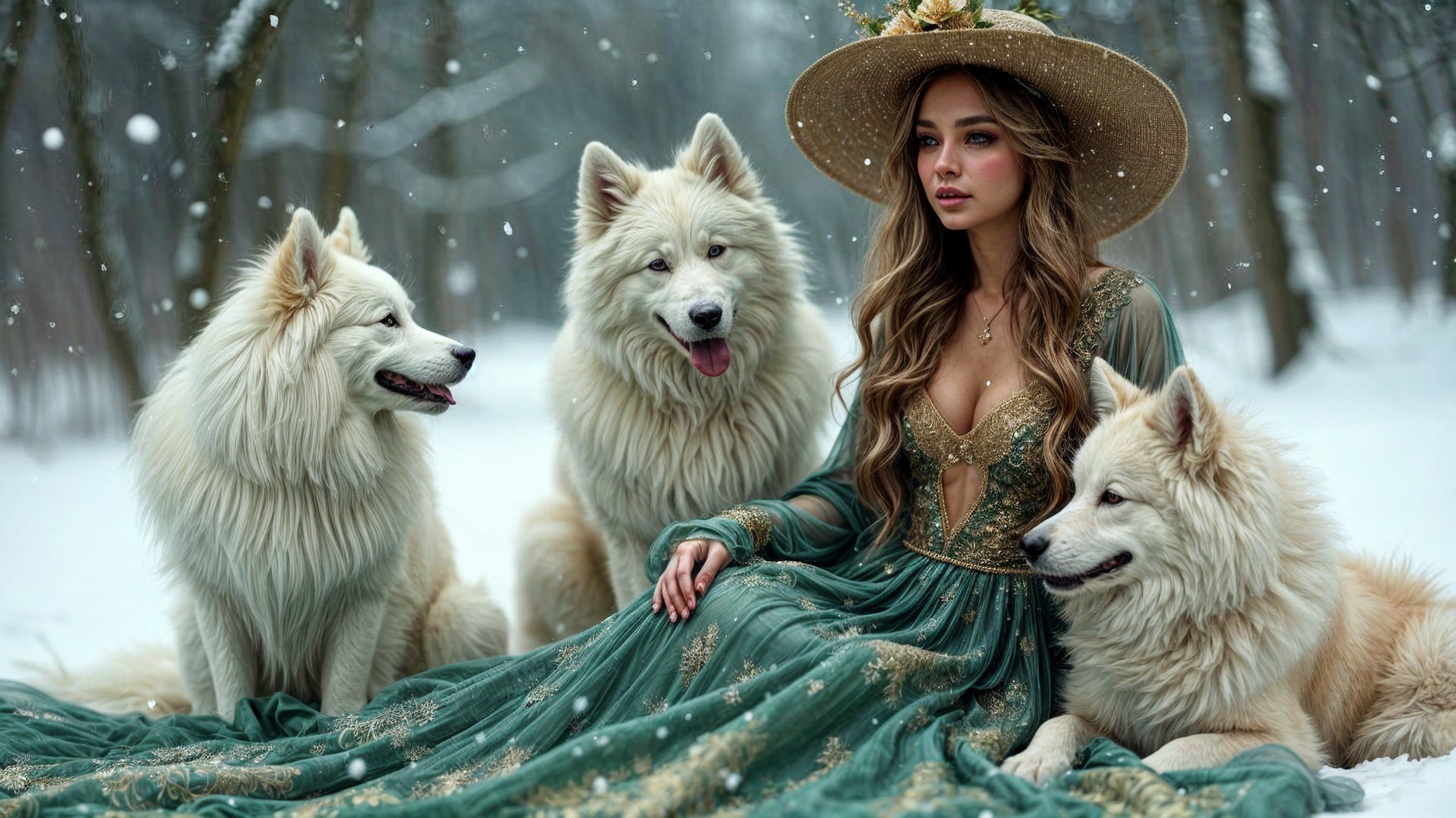 Woman in Emerald Gown Surrounded by Samoyed Dogs