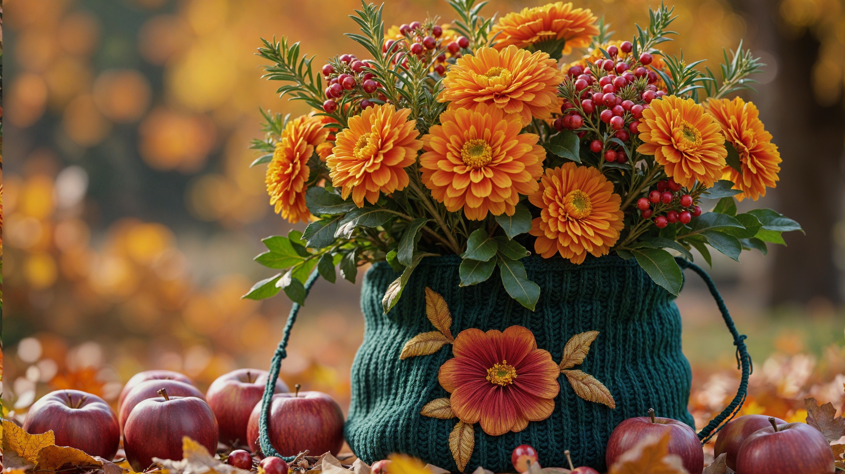 Knitted Green Basket with Orange Flowers and Apples