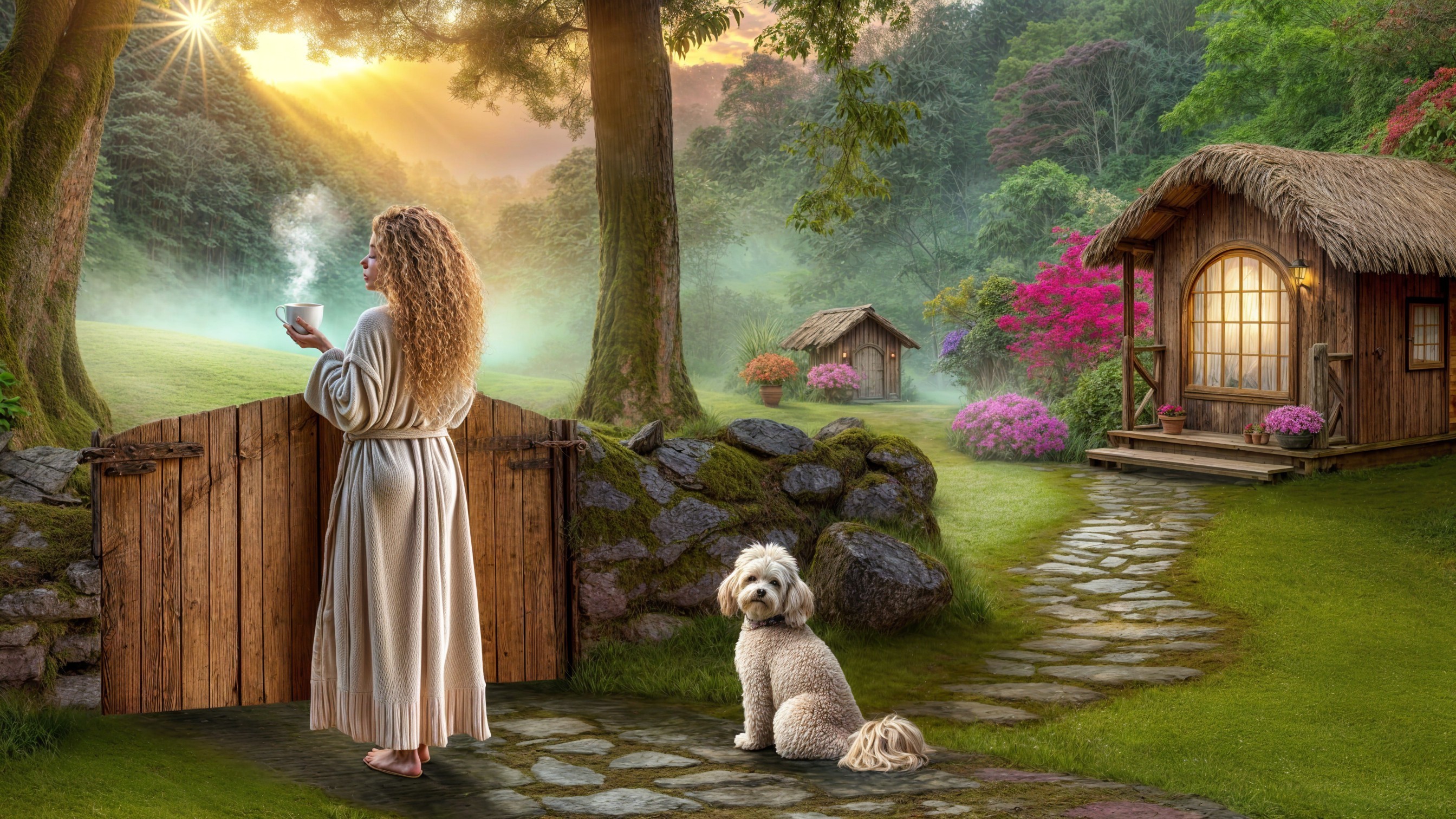 Serene Dawn Landscape with Woman and Dog by Cottages