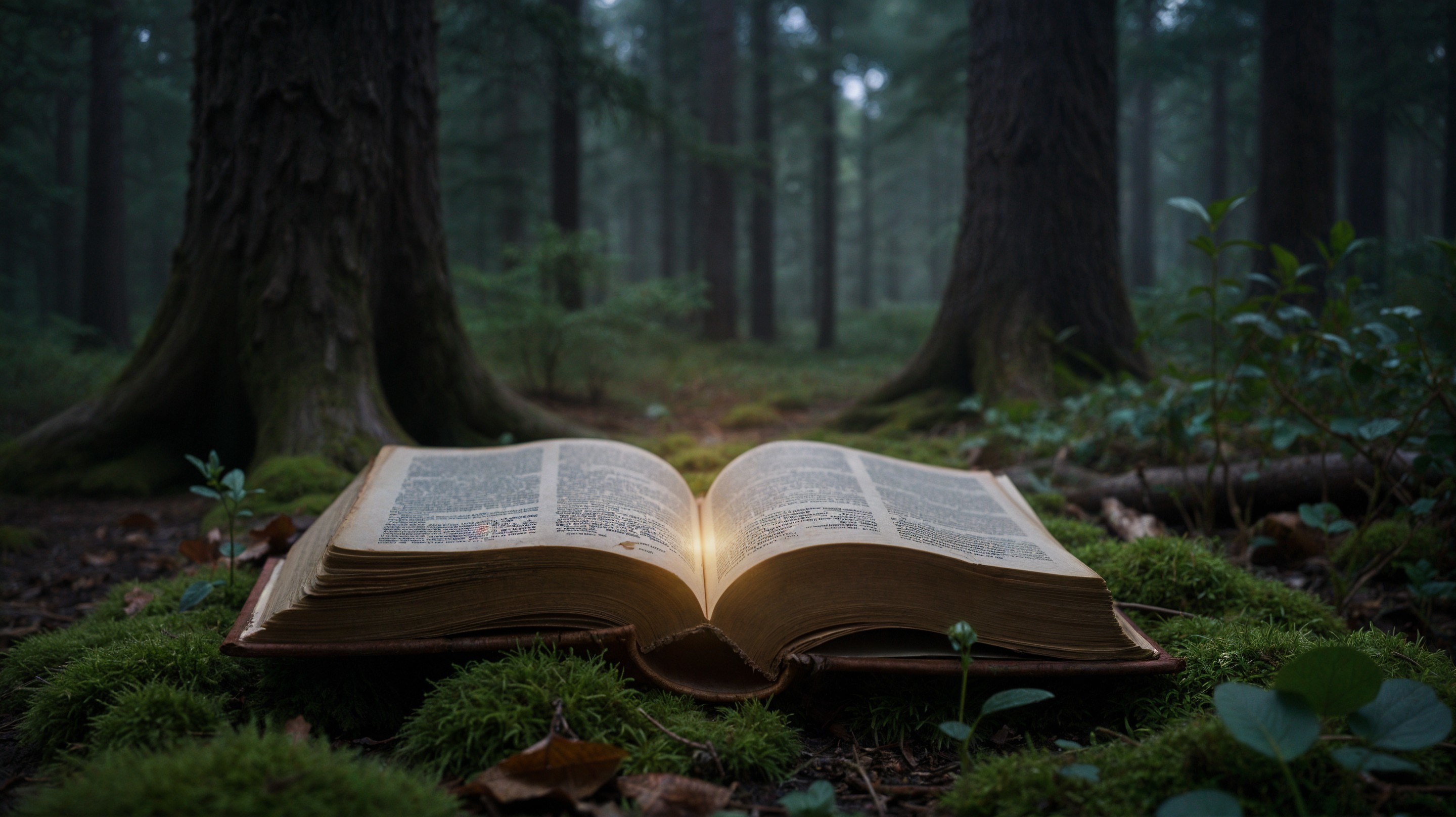 Open Book on Moss in a Serene Forest Setting
