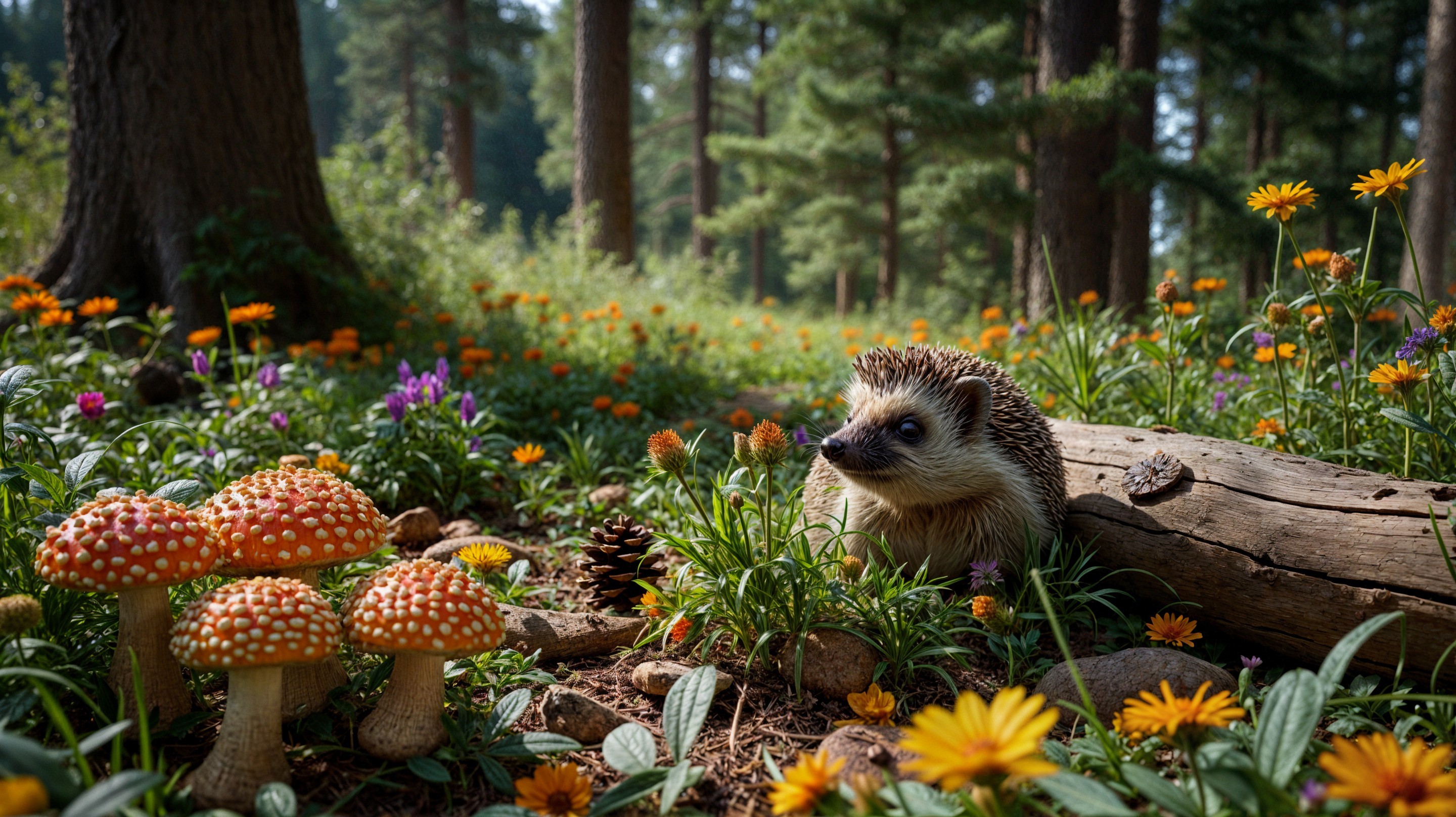 Hedgehog Surrounded by Wildflowers in a Forest Scene