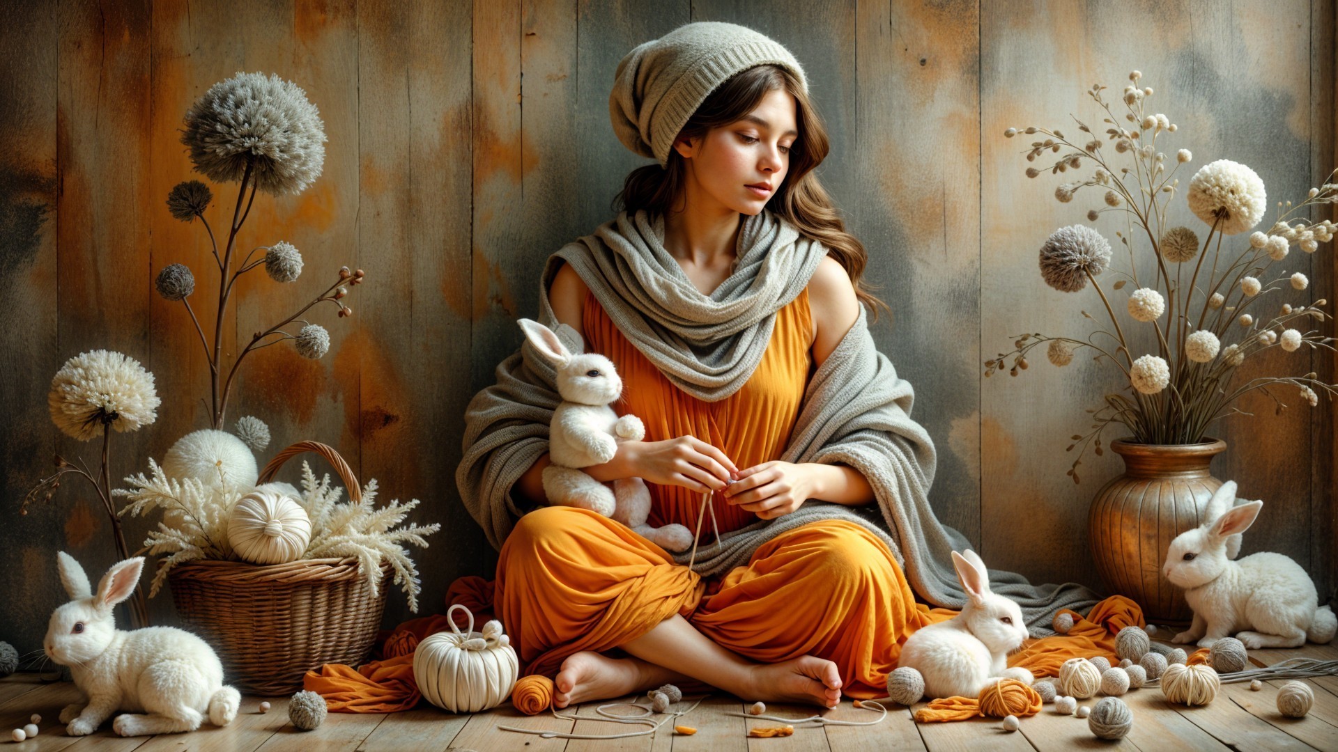 Serene Young Woman with Plush Bunnies in Cozy Setting