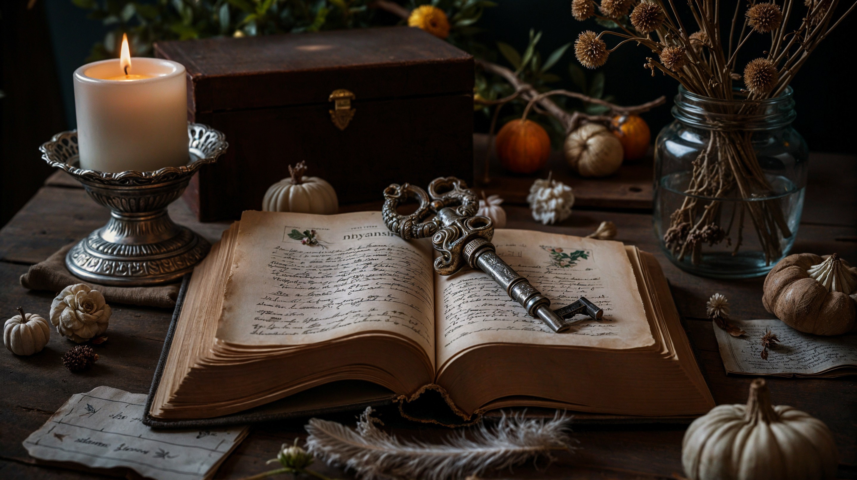 Antique Book and Vintage Key on Rustic Table Setting