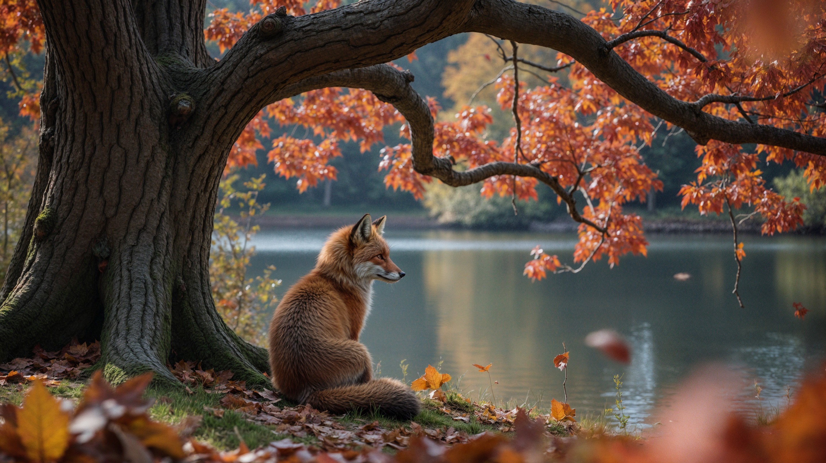 Serene Autumn Landscape with a Red Fox by a Lake