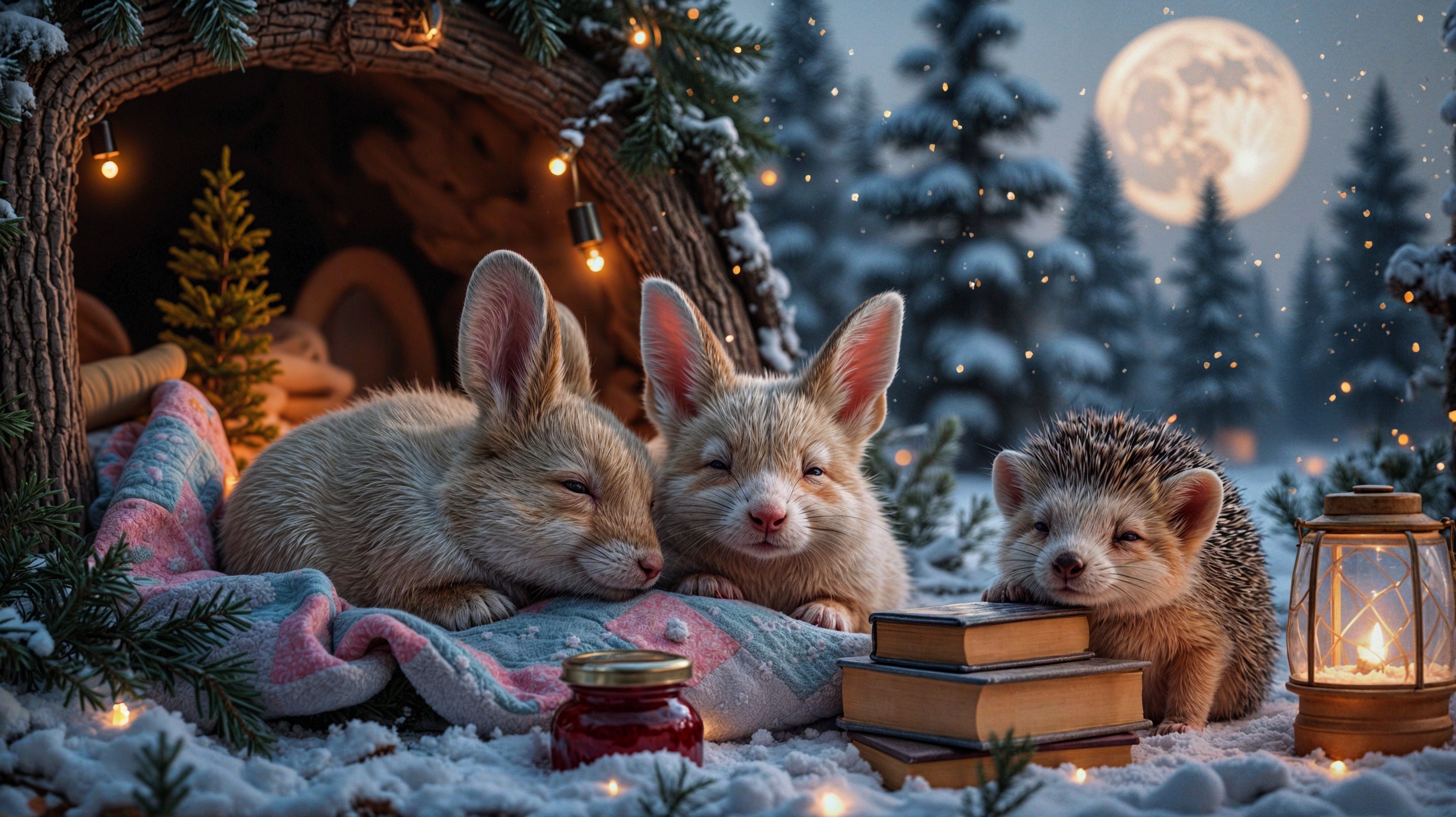 Cozy Winter Scene with Rabbits and Hedgehog in Snow