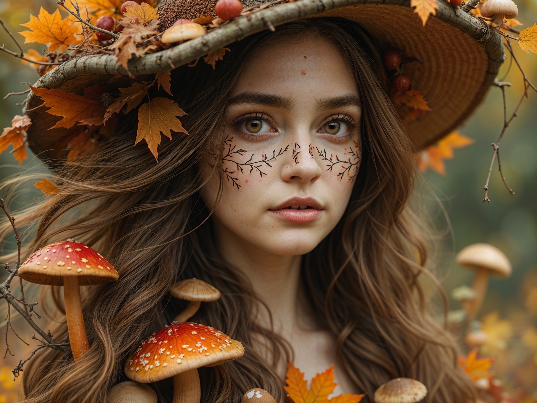 Young woman in autumn-themed forest with mushrooms