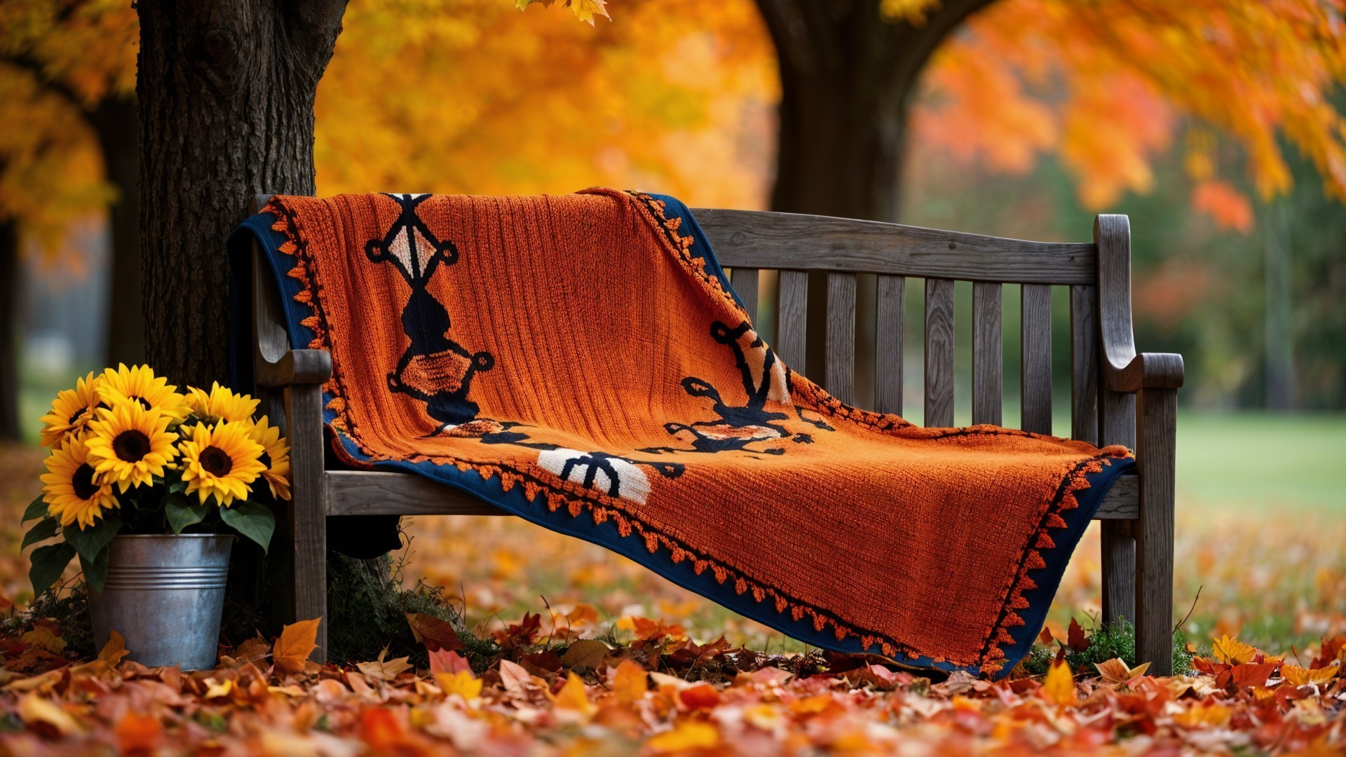 Autumn Park Bench with Blanket and Sunflowers