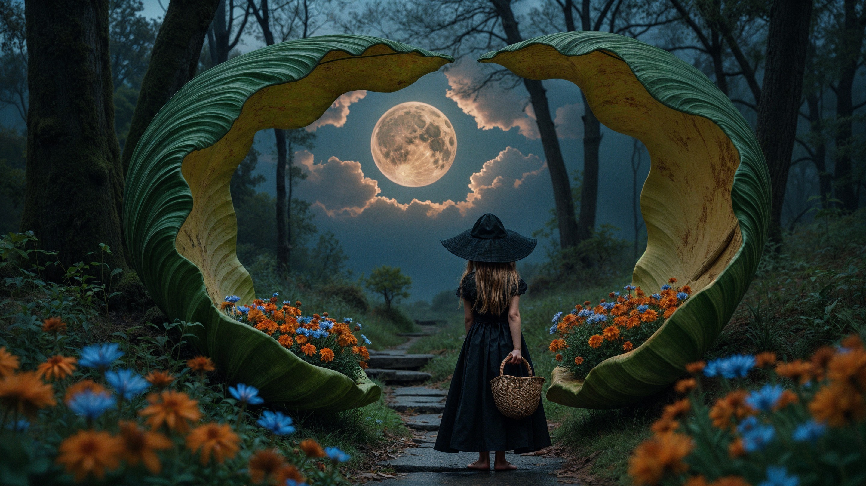Young girl in black dress in a mystical forest scene