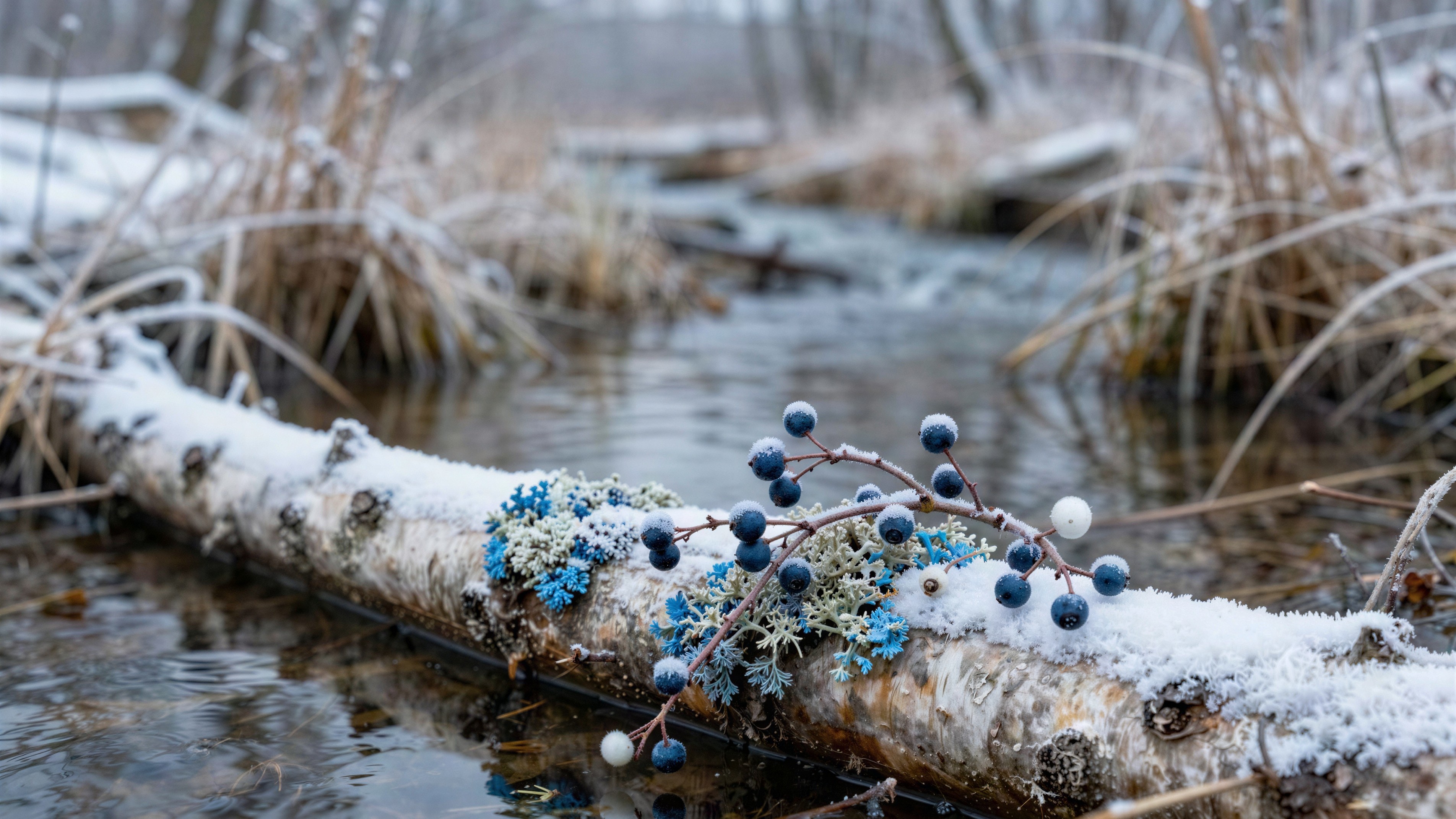 Close-Up of Snow-Covered Birch Log on Riverbank