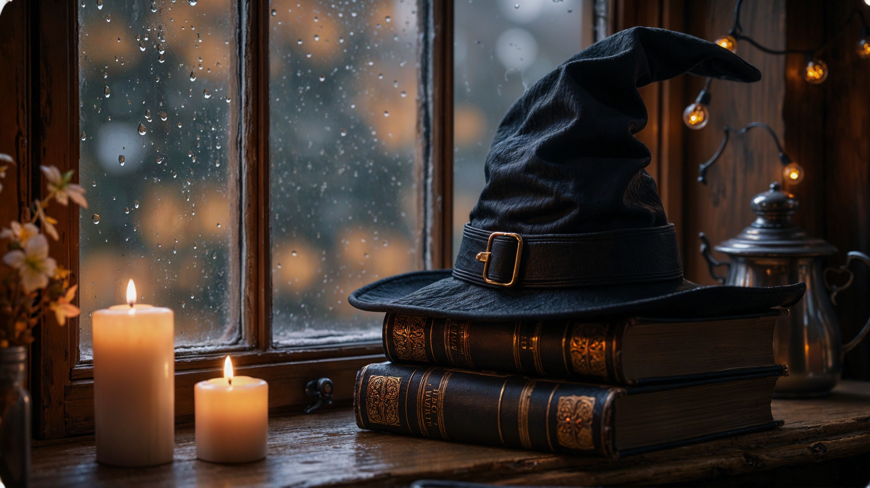 Candlelit Cozy Scene with Witch's Hat and Books