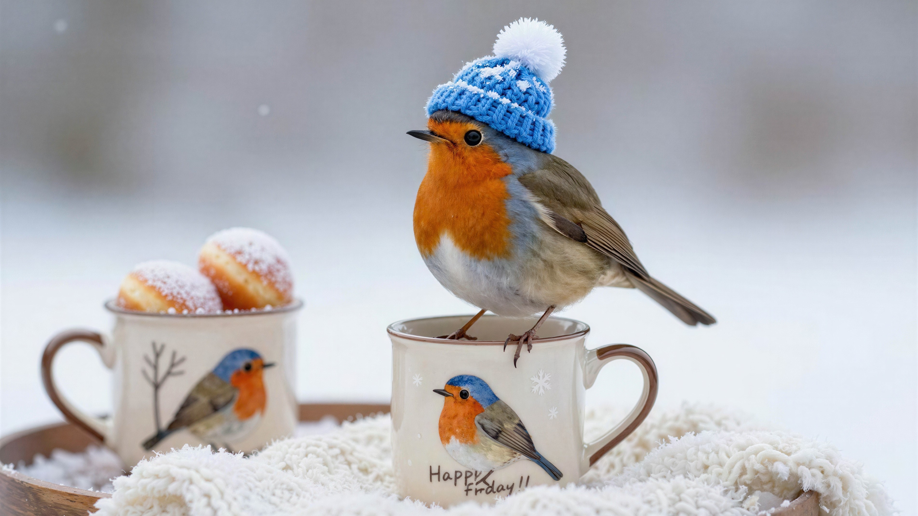 Robin with Knitted Hat on Mug and Donuts Display