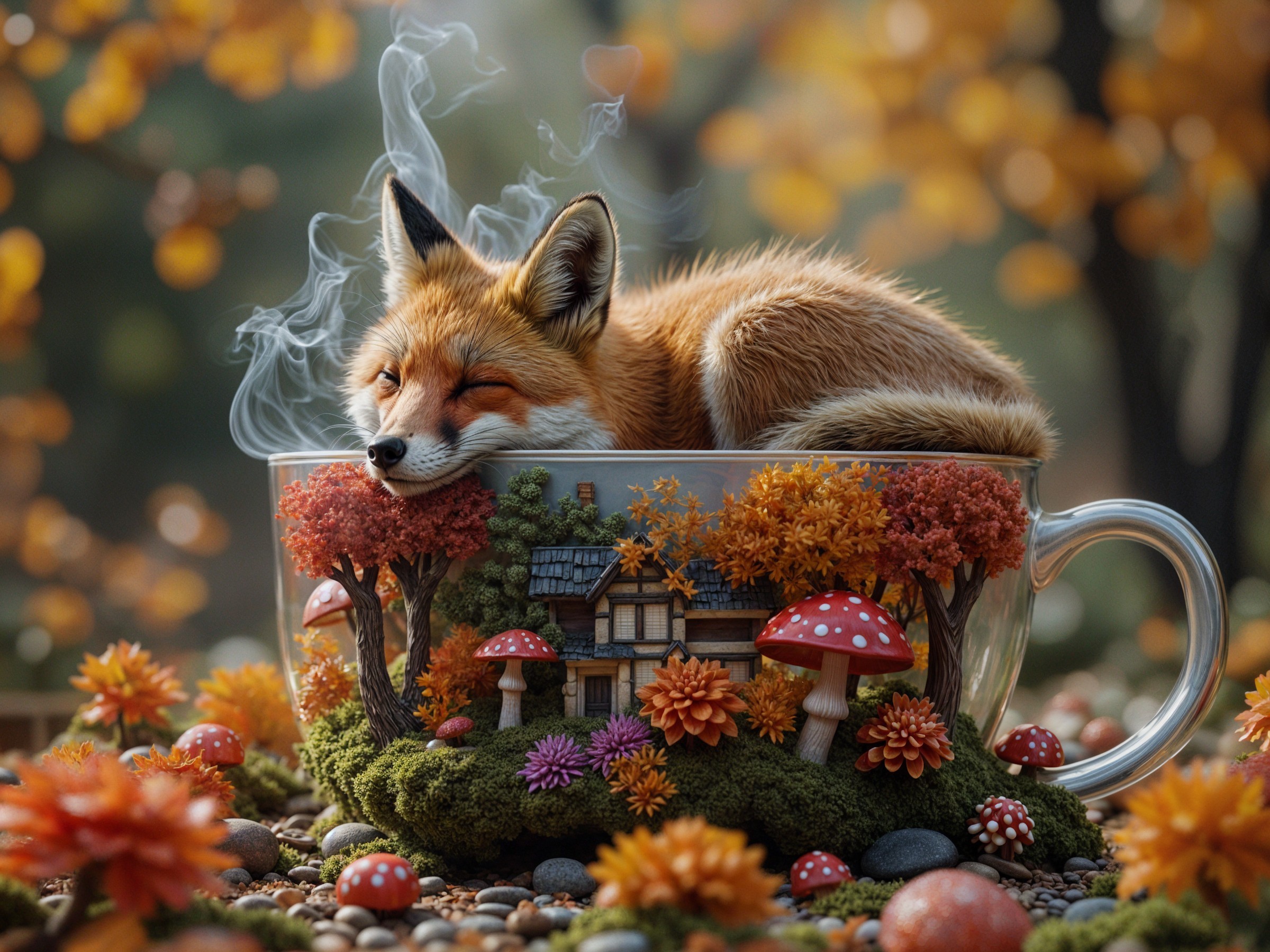 Sleeping Fox in Whimsical Teacup with Autumn Decor