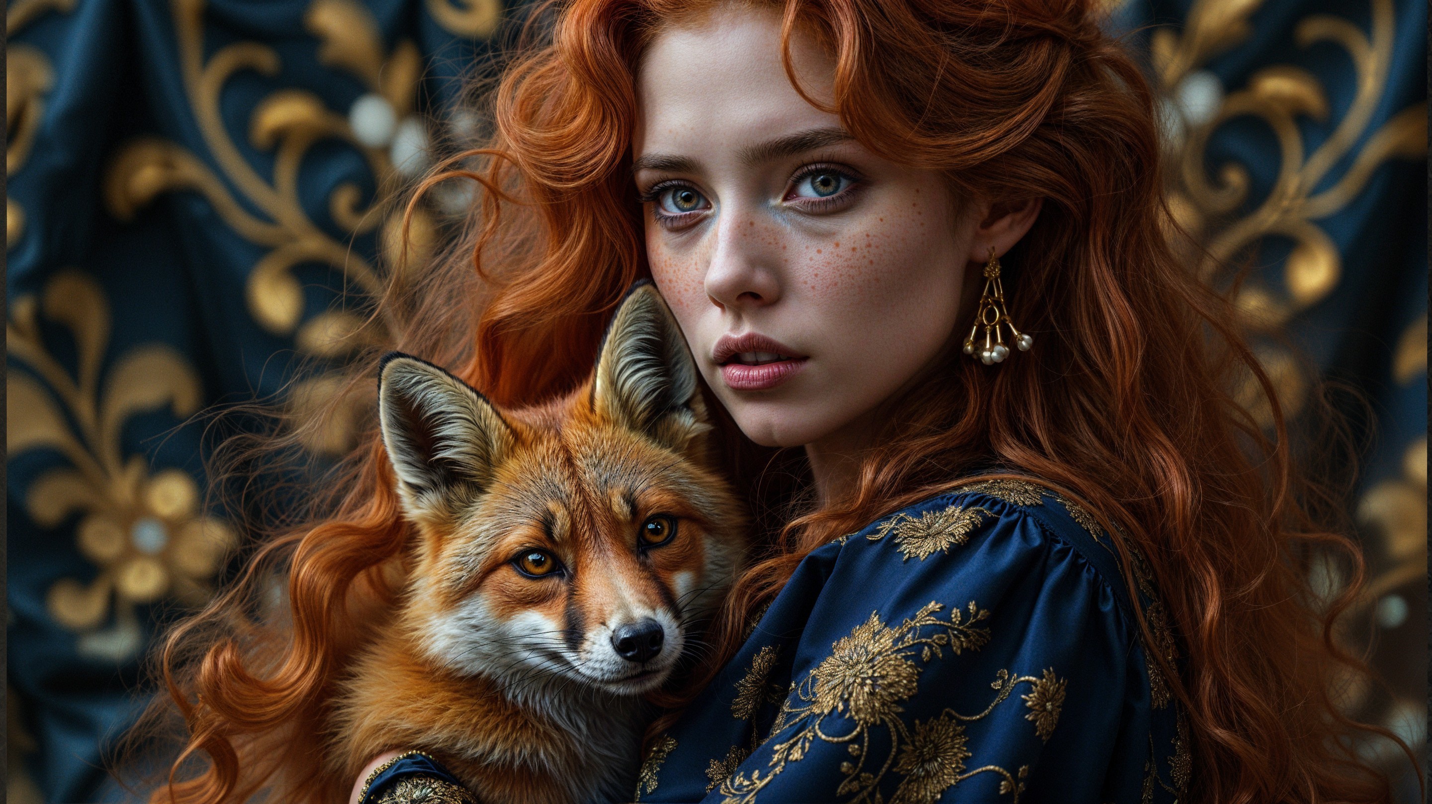 Young woman with red hair and fox in floral setting