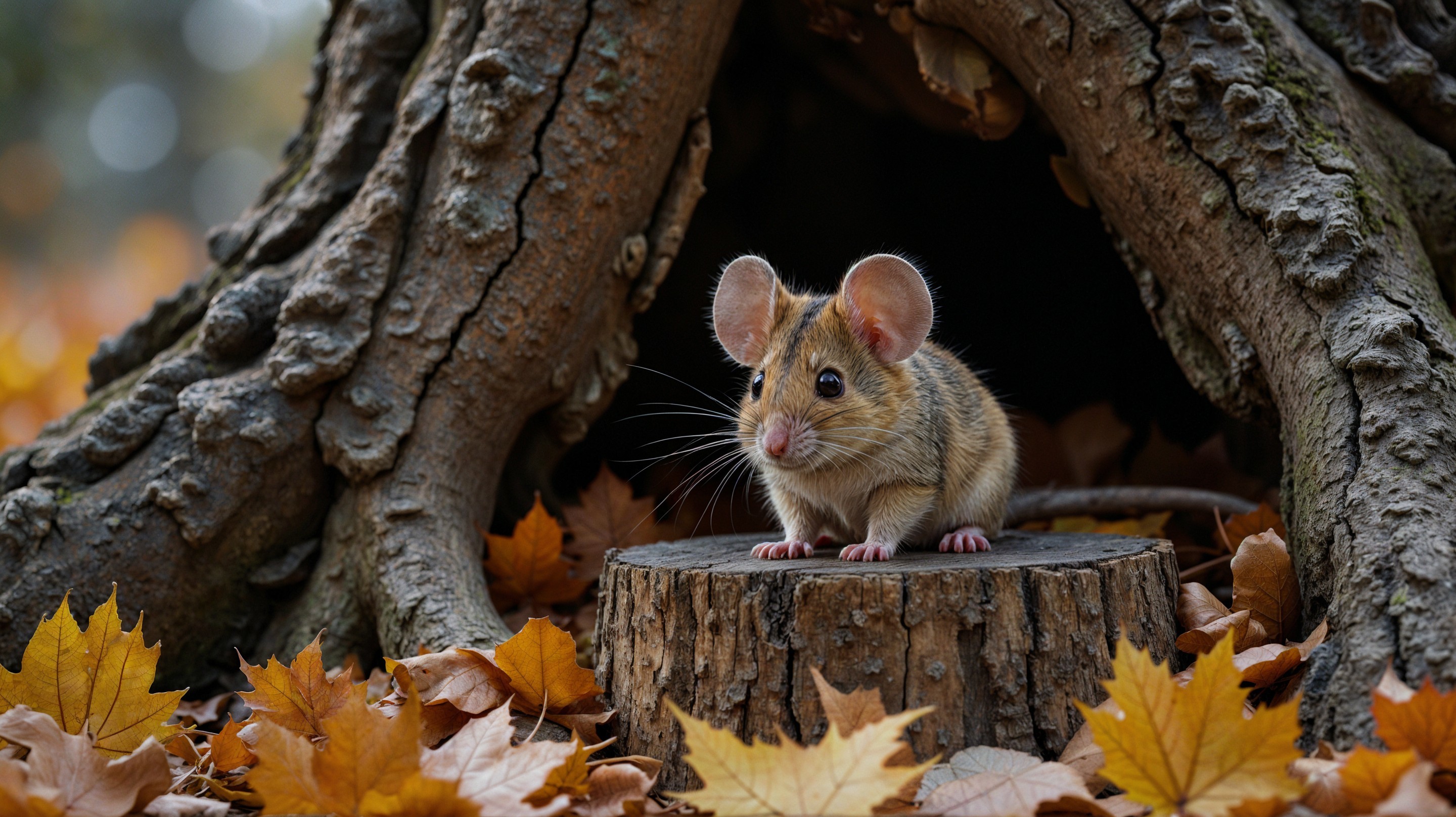 Cute Mouse on Mossy Stump in Autumn Leaves