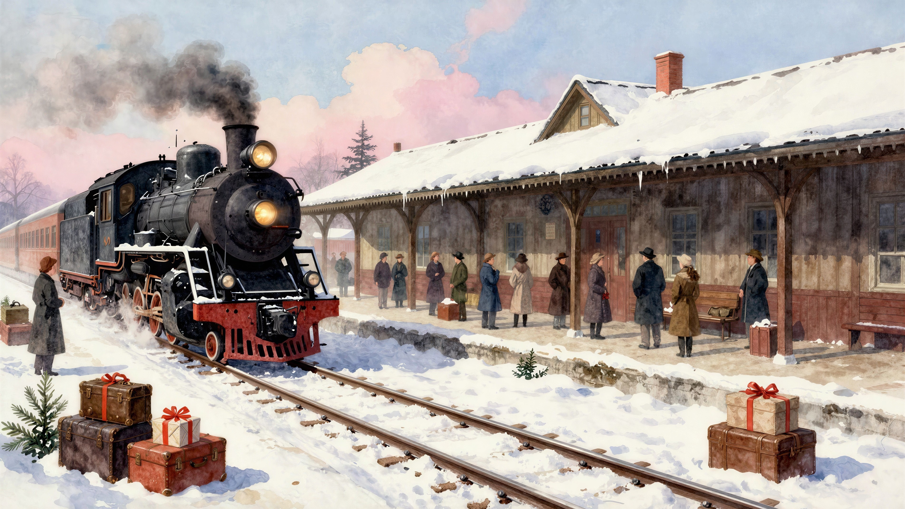 Watercolor Holiday Scene at Snowy Train Station