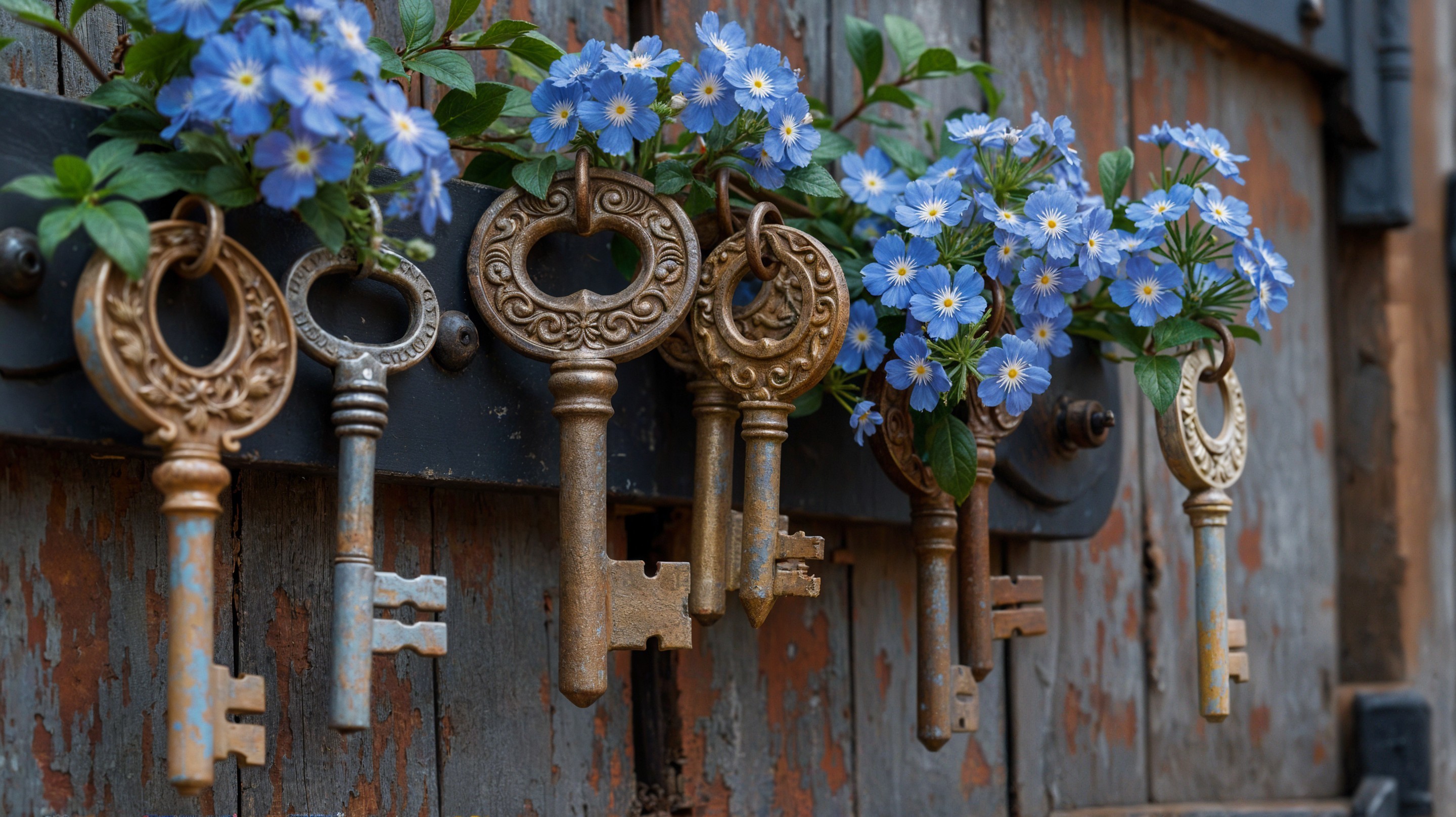 Rustic Door with Vintage Keys and Blue Flowers