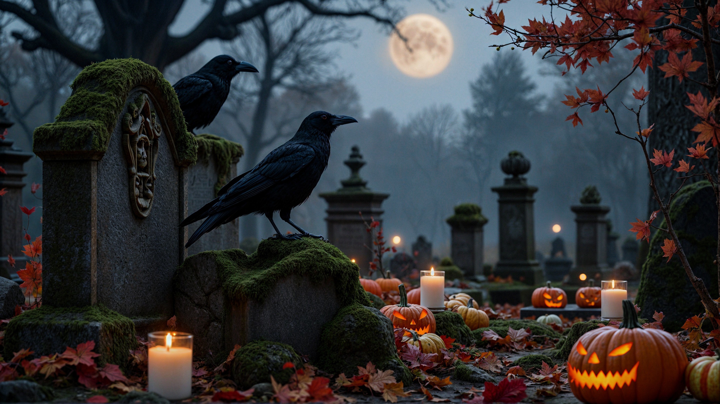Cemetery Scene with Moonlight and Autumn Elements