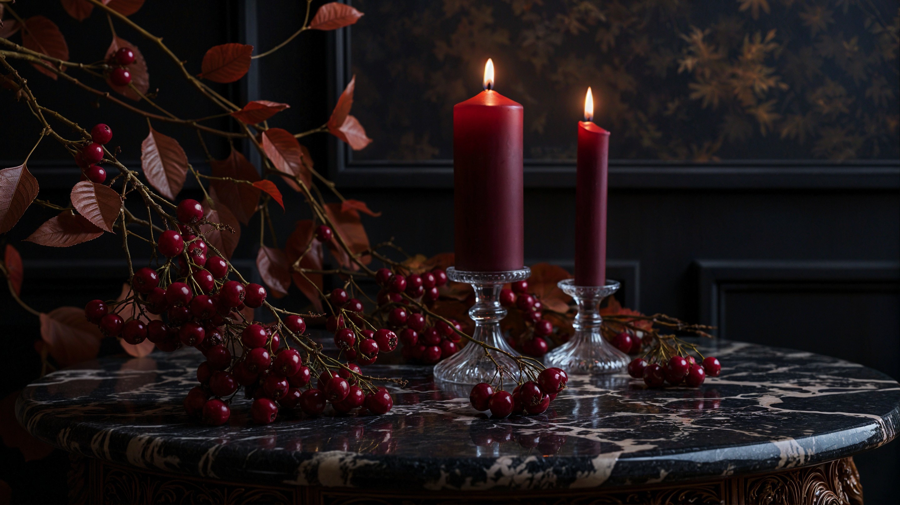 Elegant Table Setting with Burgundy Candles and Leaves