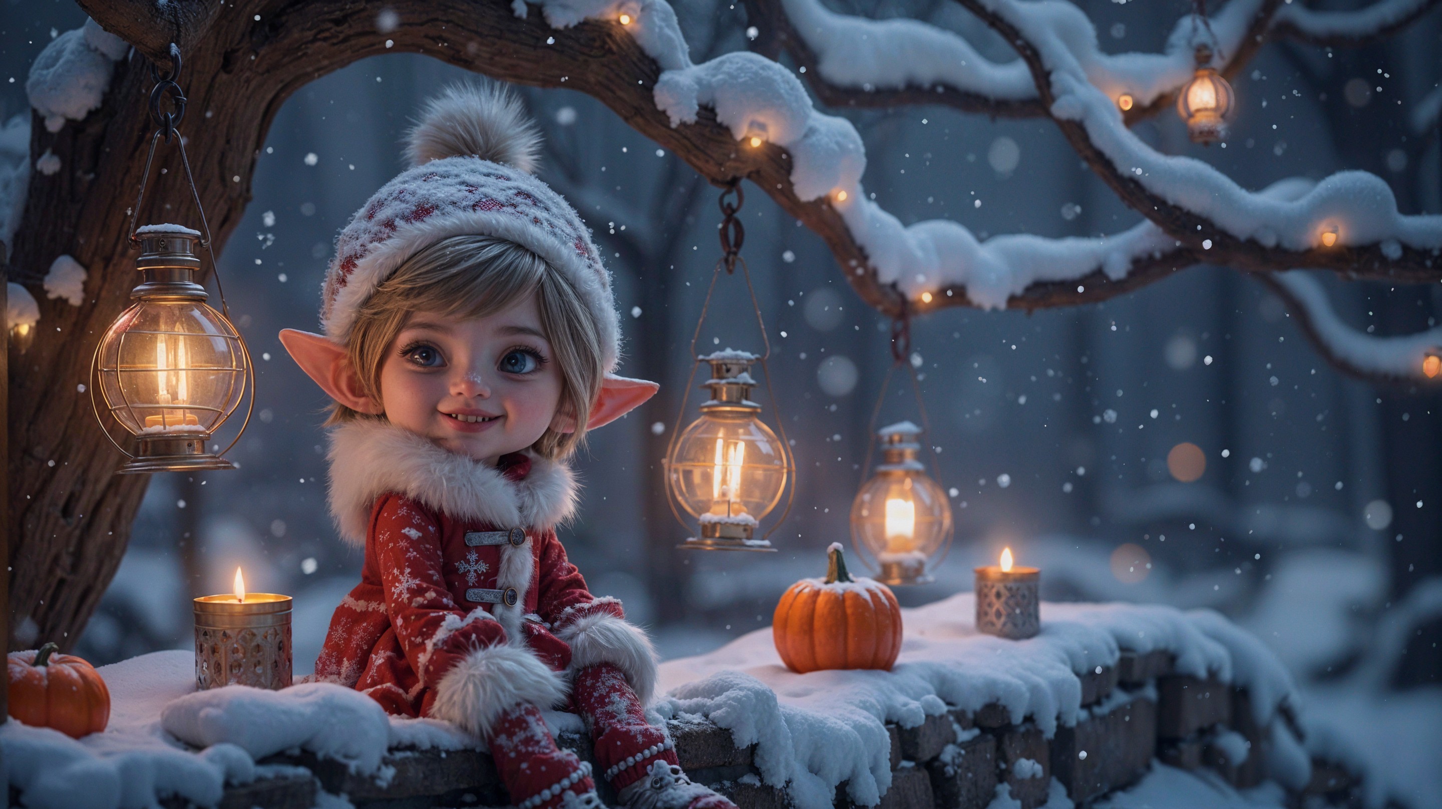 Cheerful Elf Child in Snowy Winter Scene with Lanterns