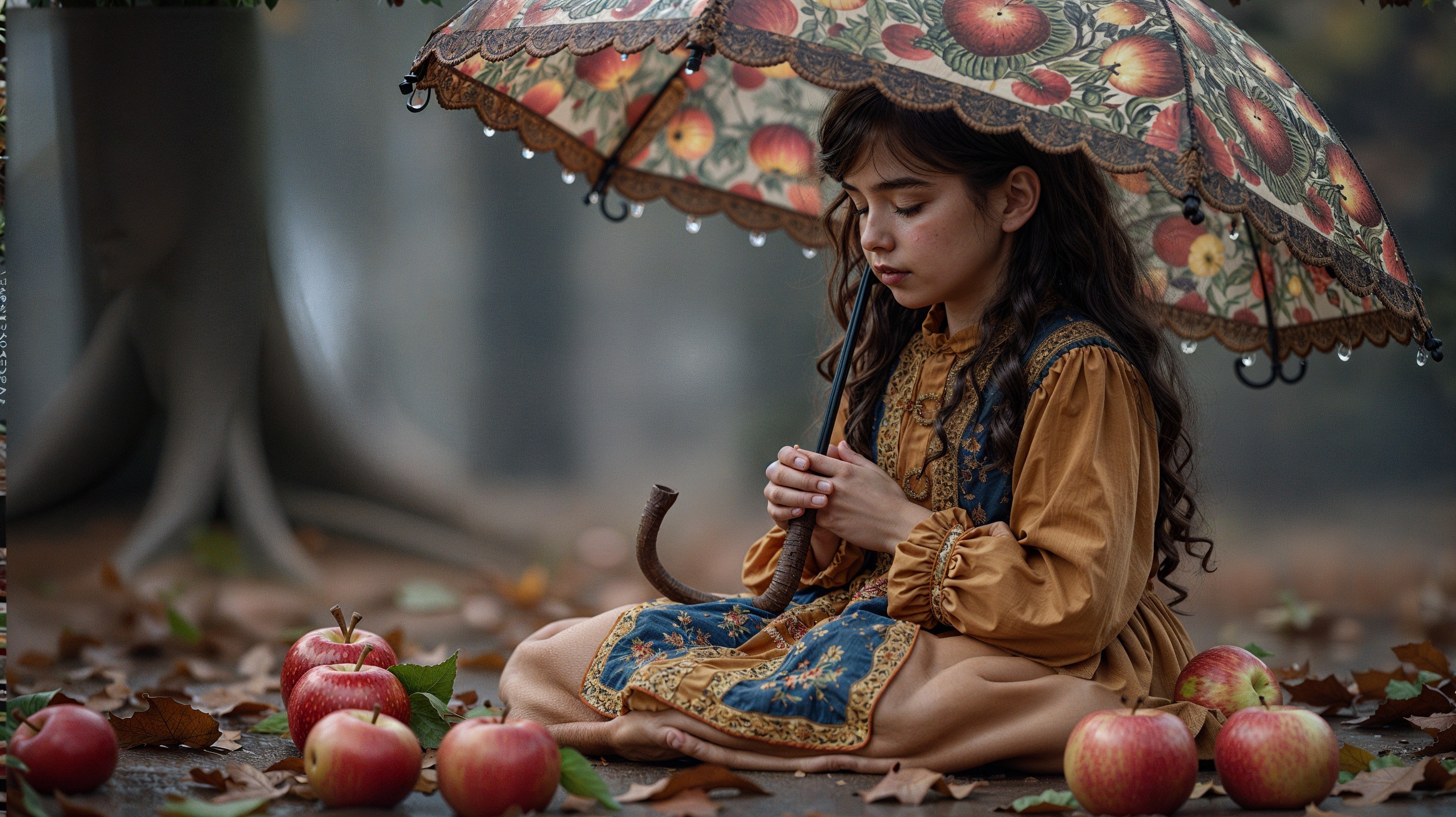 Young girl under apple umbrella in misty setting