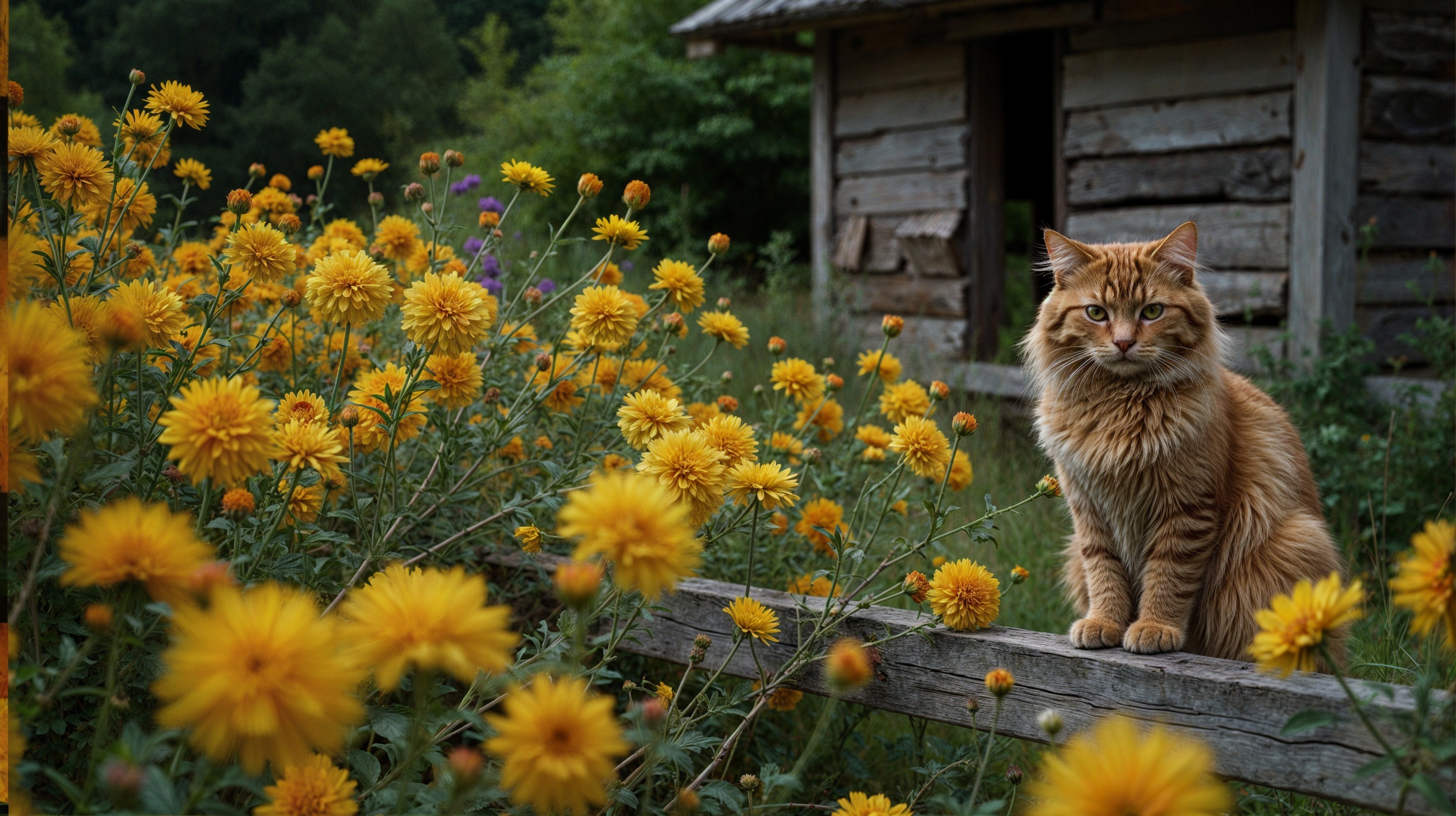 Fluffy Orange Cat on Wooden Fence with Yellow Flowers