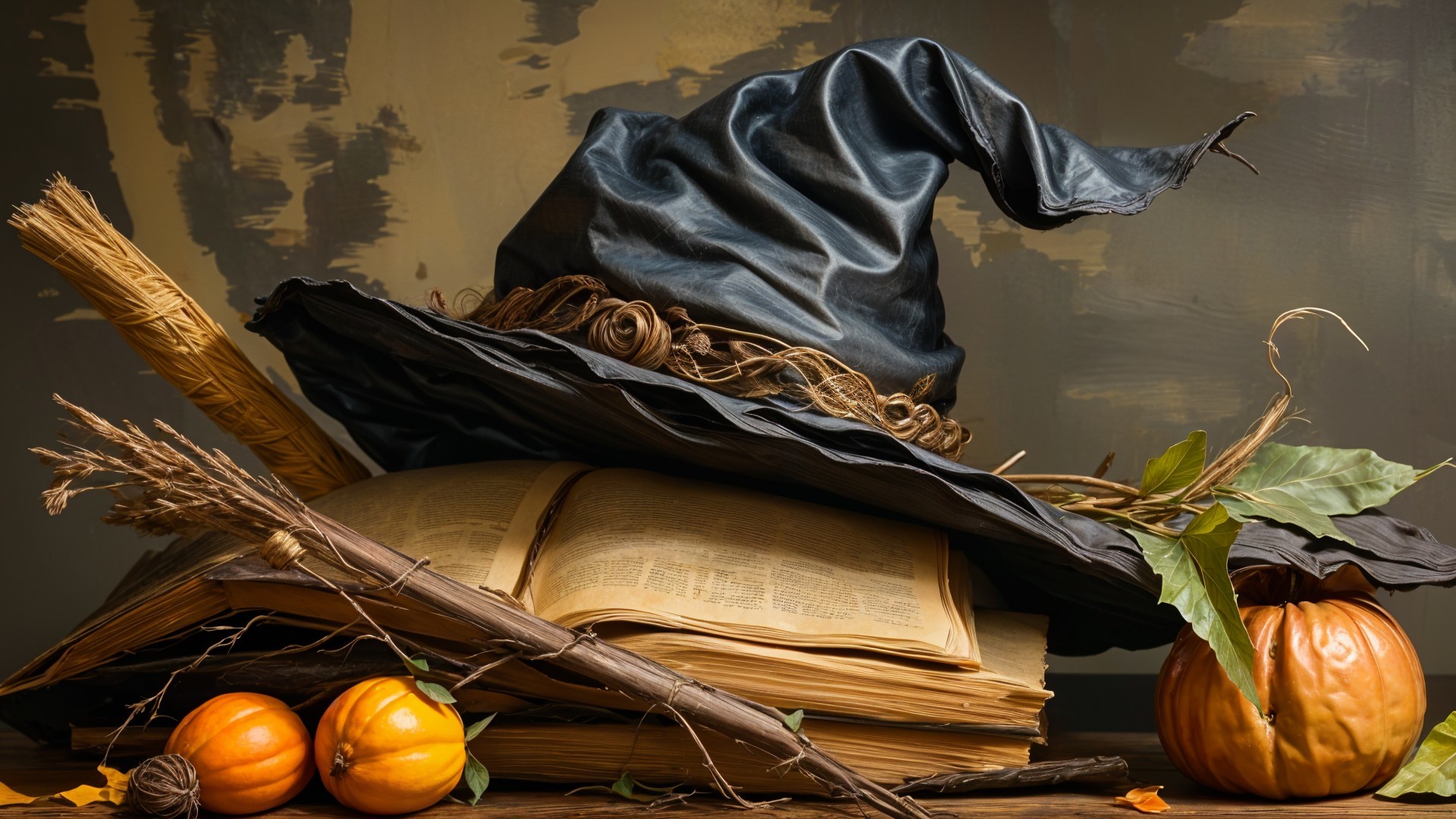 Whimsical Witch Hat and Aged Book with Autumn Decor