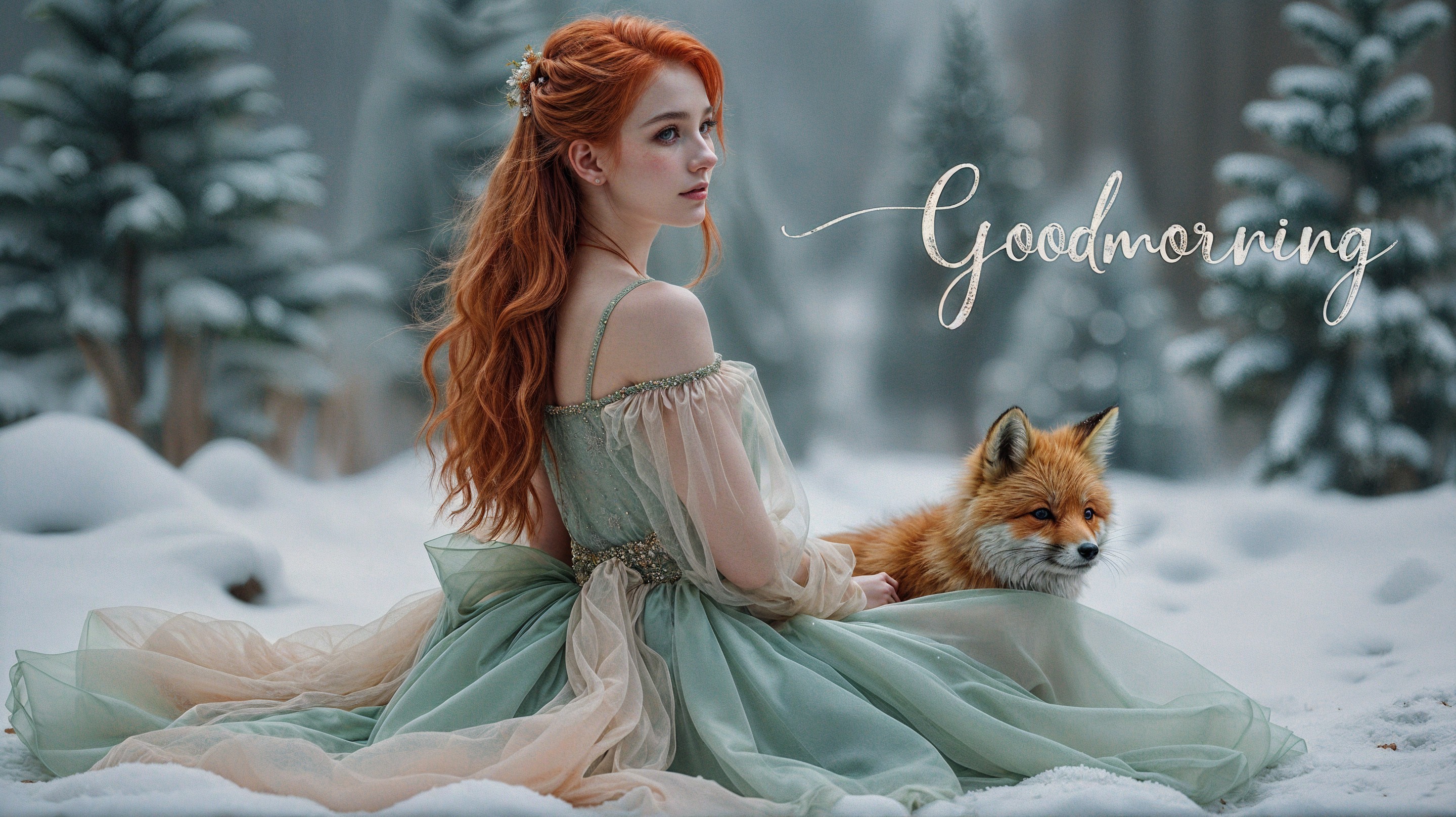 Young woman in green gown with red fox in snow