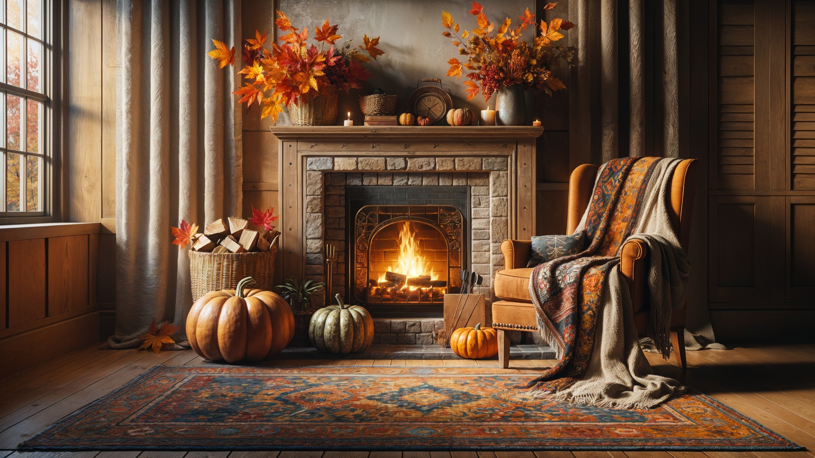 Cozy Autumn Scene with Rustic Fireplace and Decor