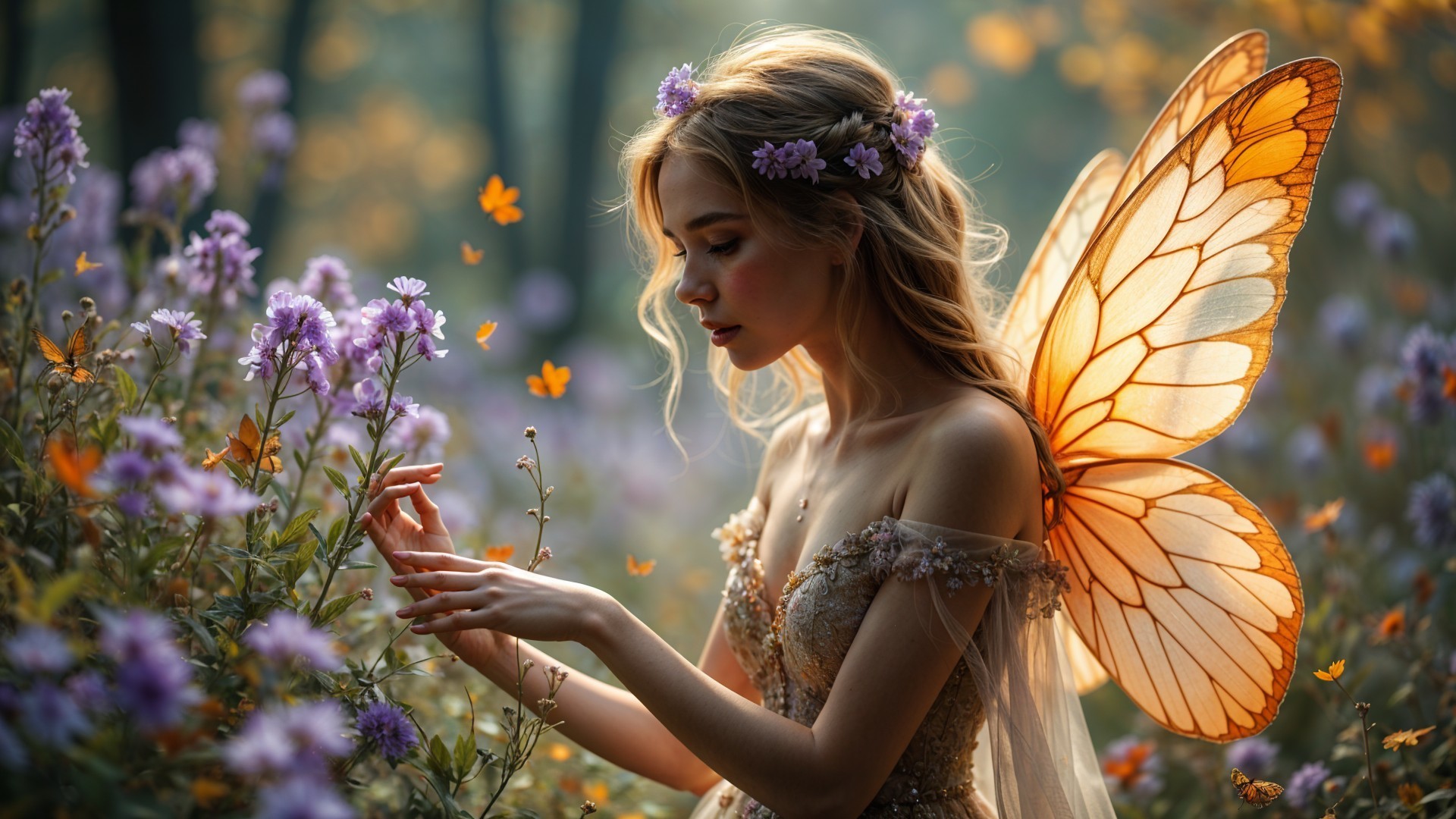 Whimsical Forest Scene with Woman and Butterfly Wings