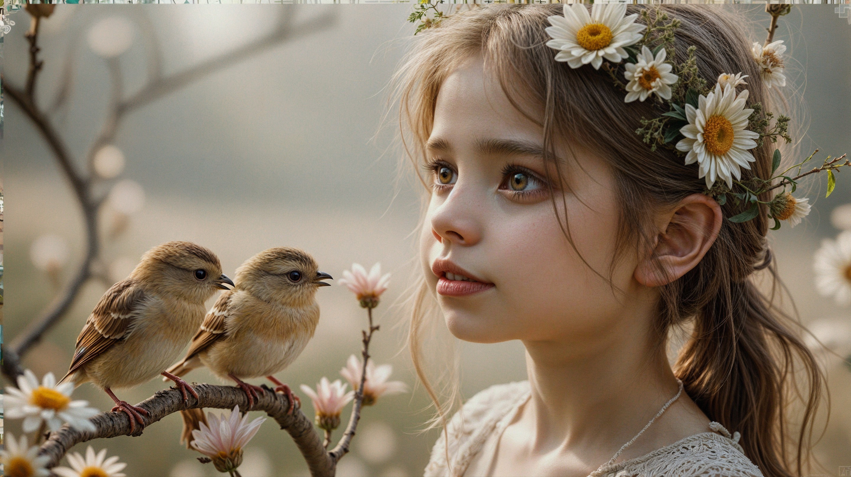 Young girl with flowers and birds in serene nature scene