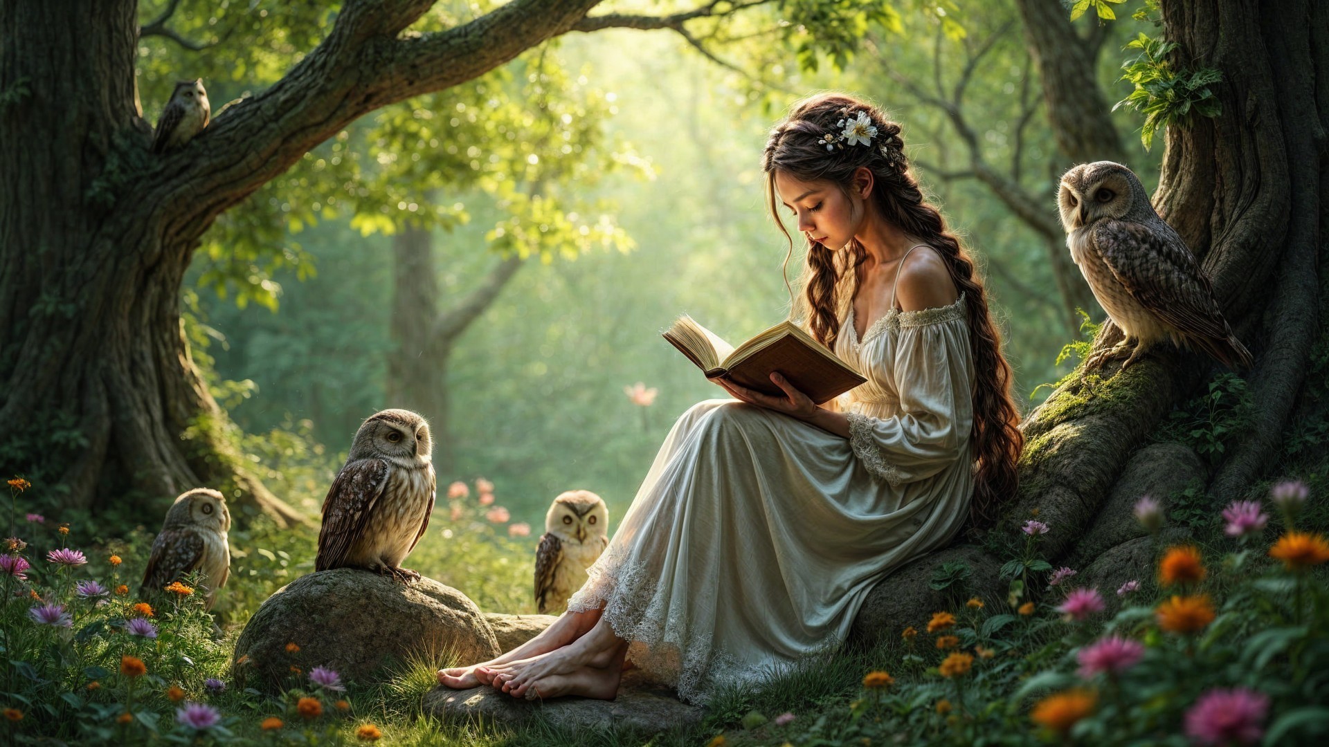 Young Woman Reading in a Forest Glade with Owls