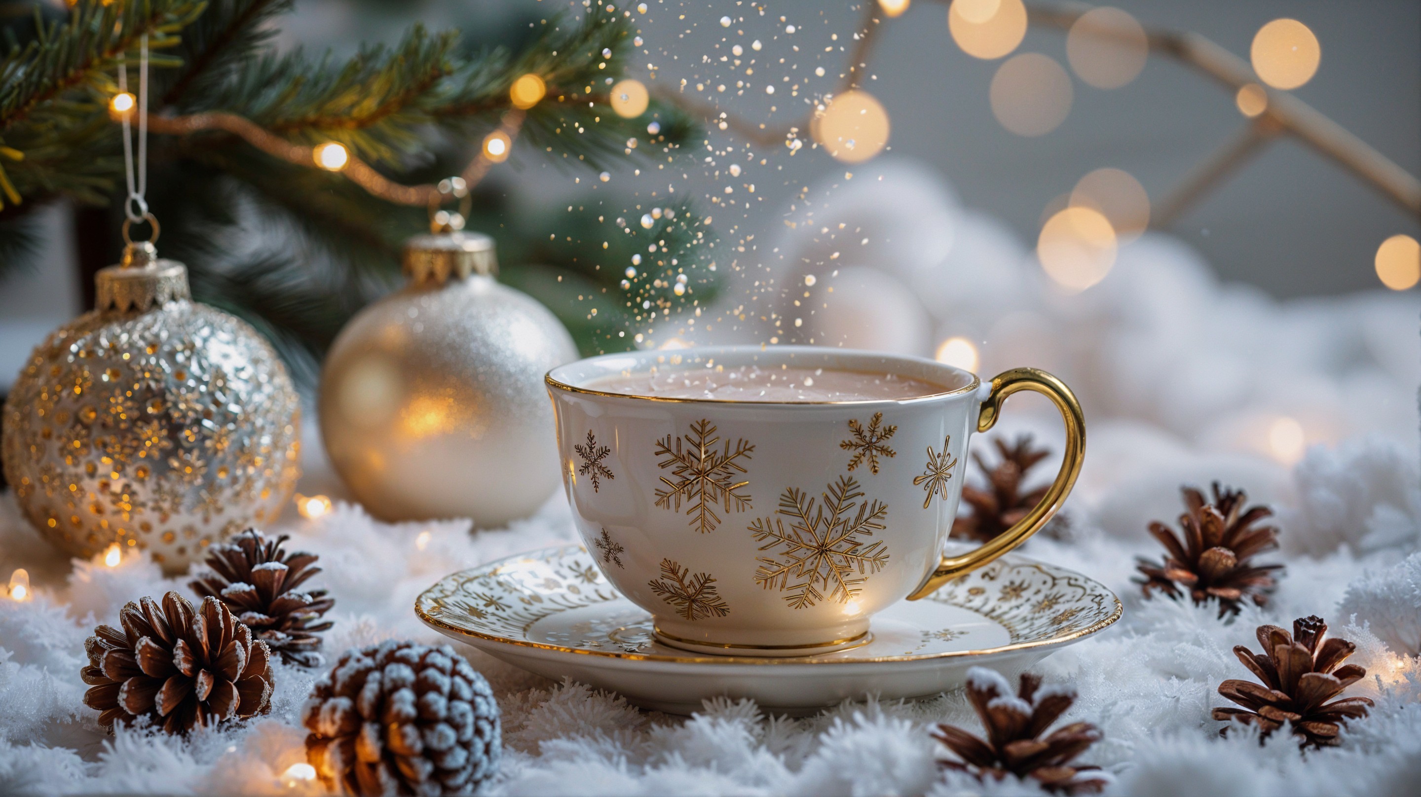Delicate white teacup with golden snowflakes and decor