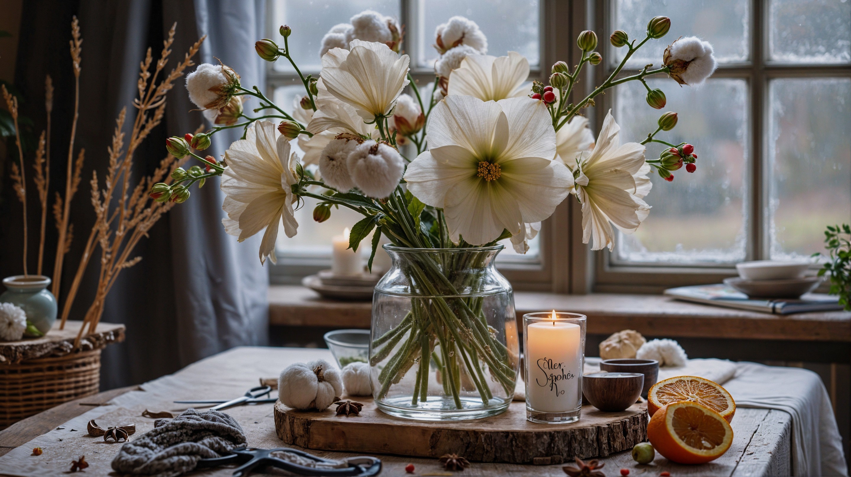 Rustic Table Setting with White Flowers and Natural Decor