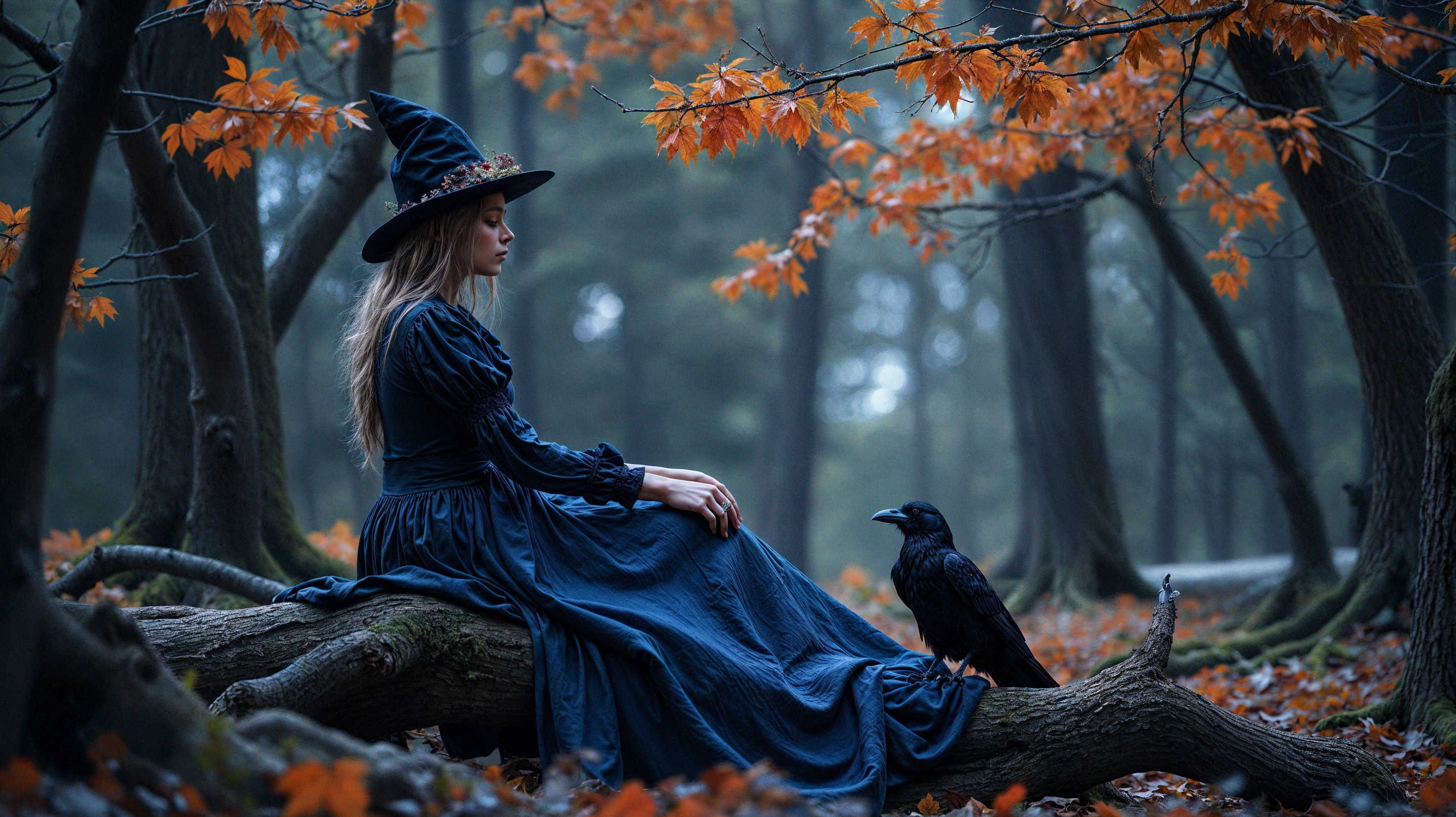 Young Woman in Dark Dress in Autumn Forest Setting
