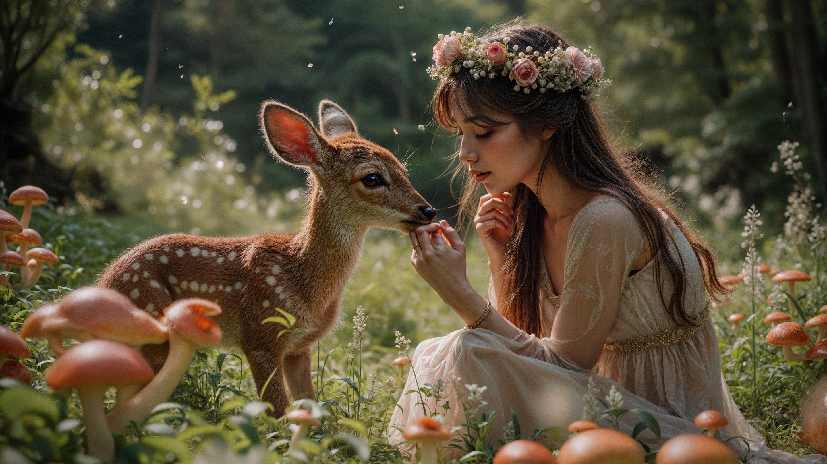 Young Woman in Ethereal Dress with Fawn in Forest Glade