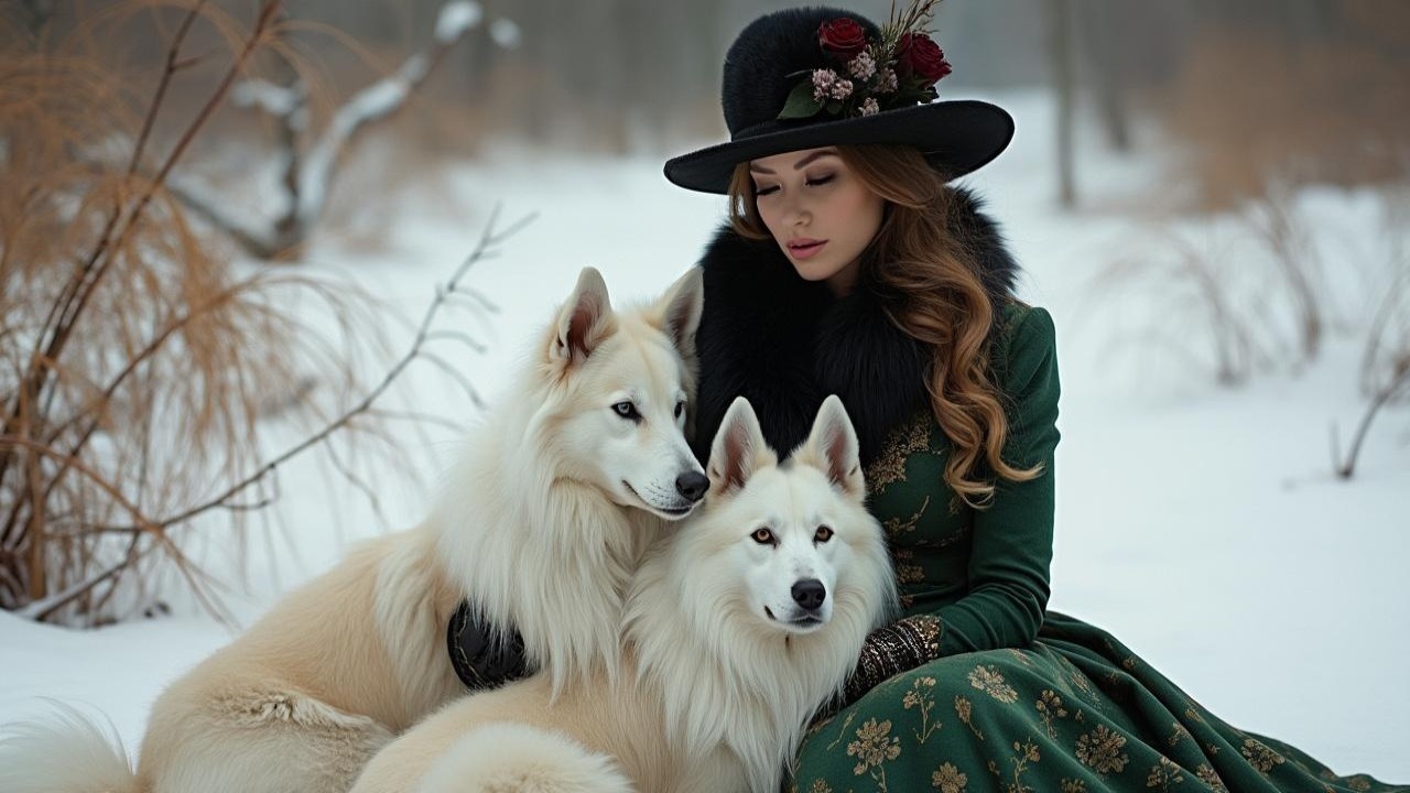 Winter Landscape with Woman in Green Dress and Dogs