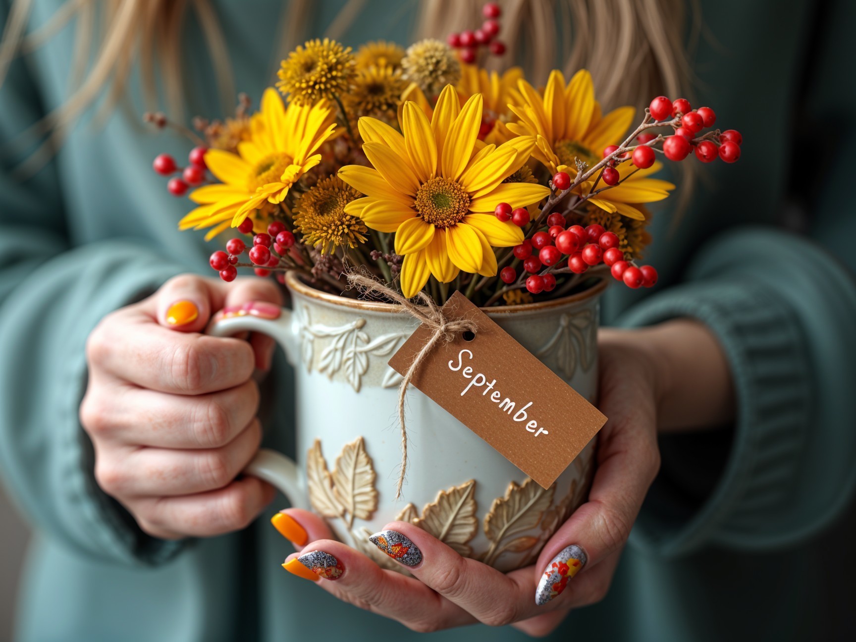 Decorative Mug with Daisies and Autumn Elements