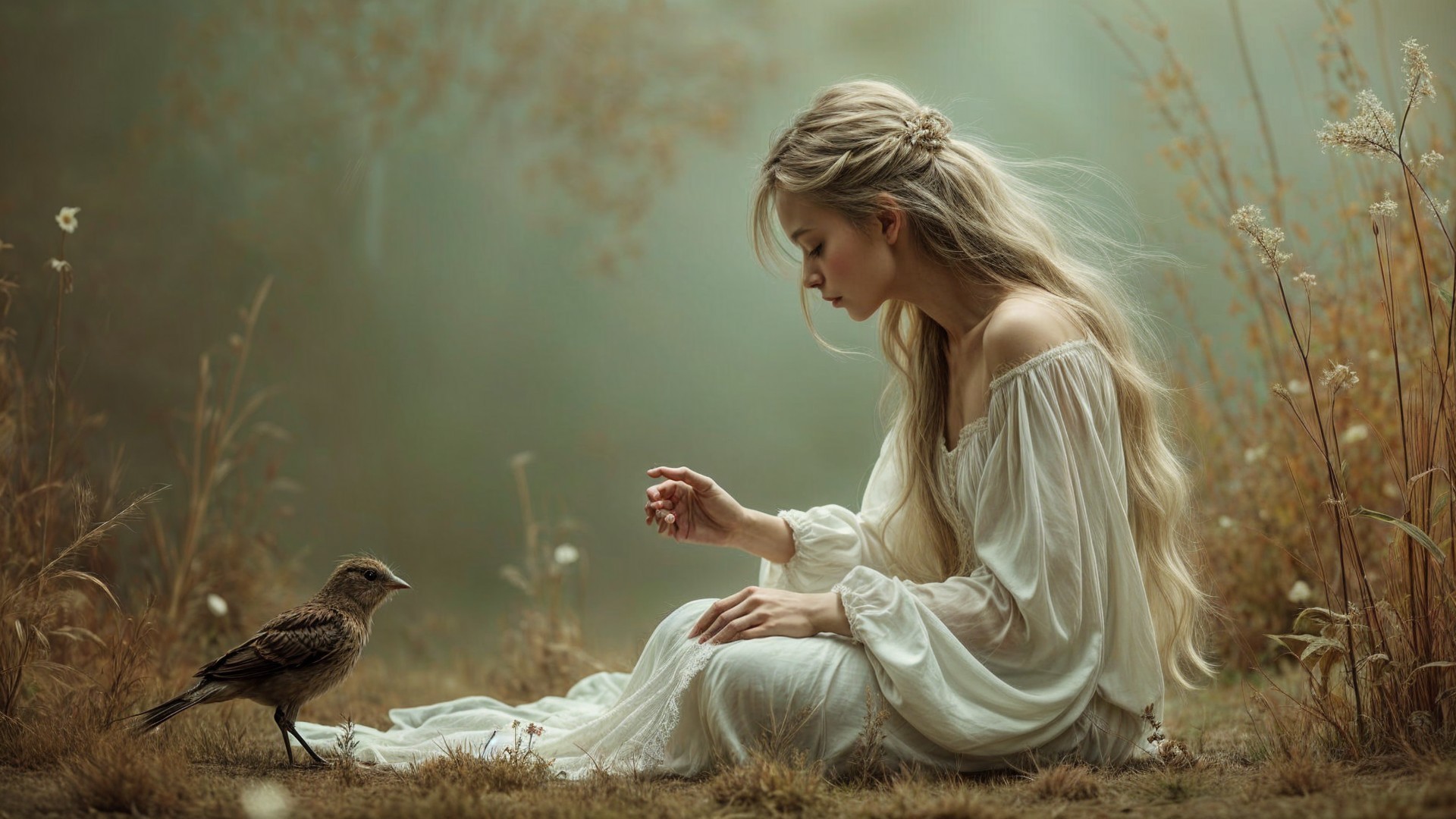 Misty Meadow with Young Woman and Small Bird