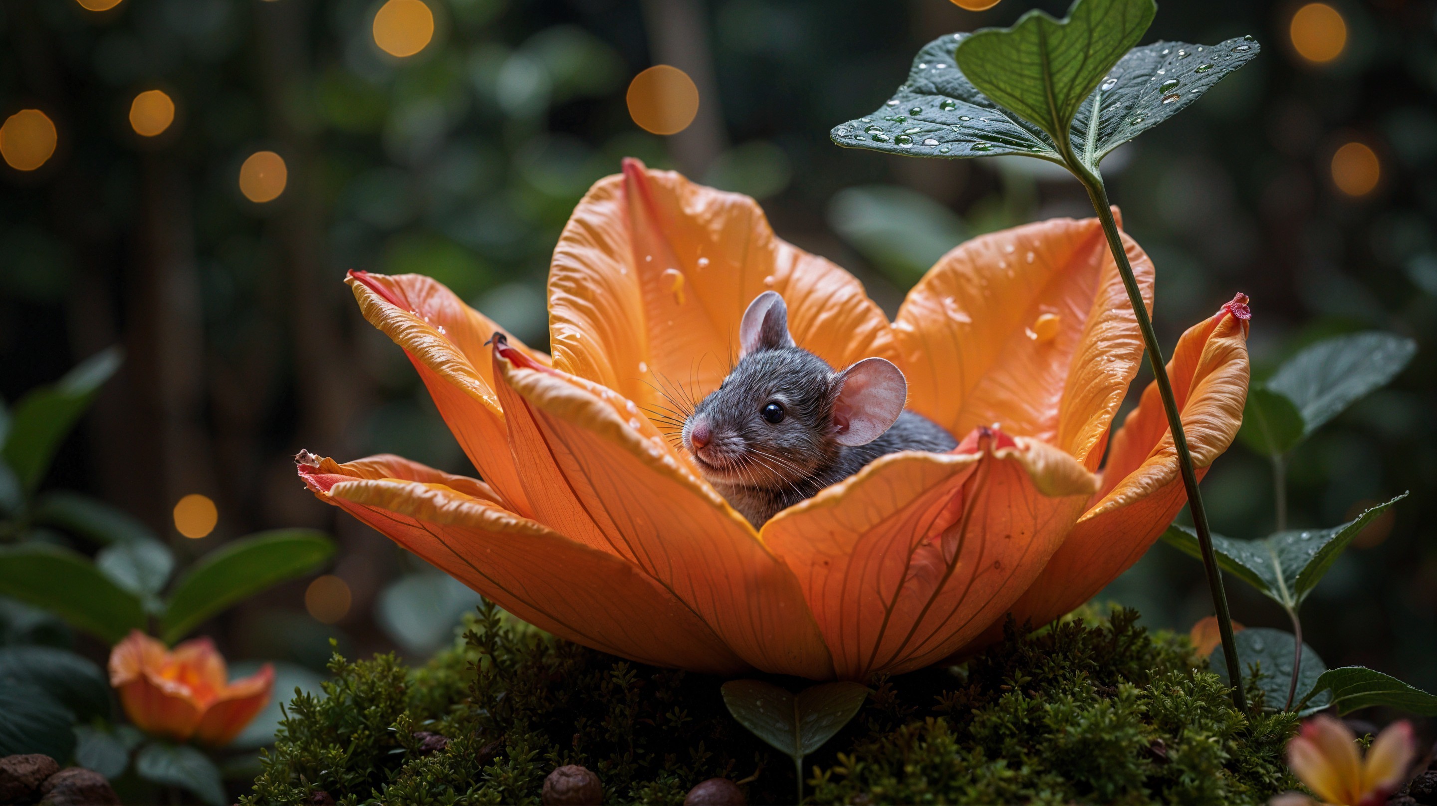 Gray Mouse Nestled in Vibrant Orange Flower Garden