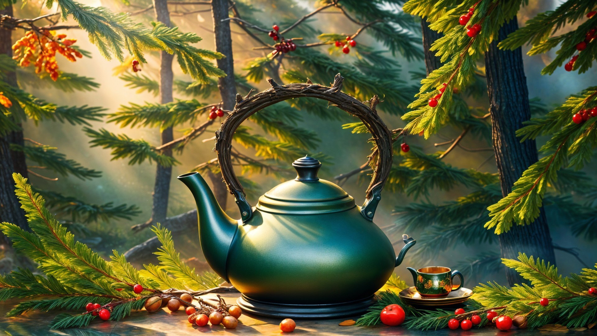Green Teapot Surrounded by Forest and Berries